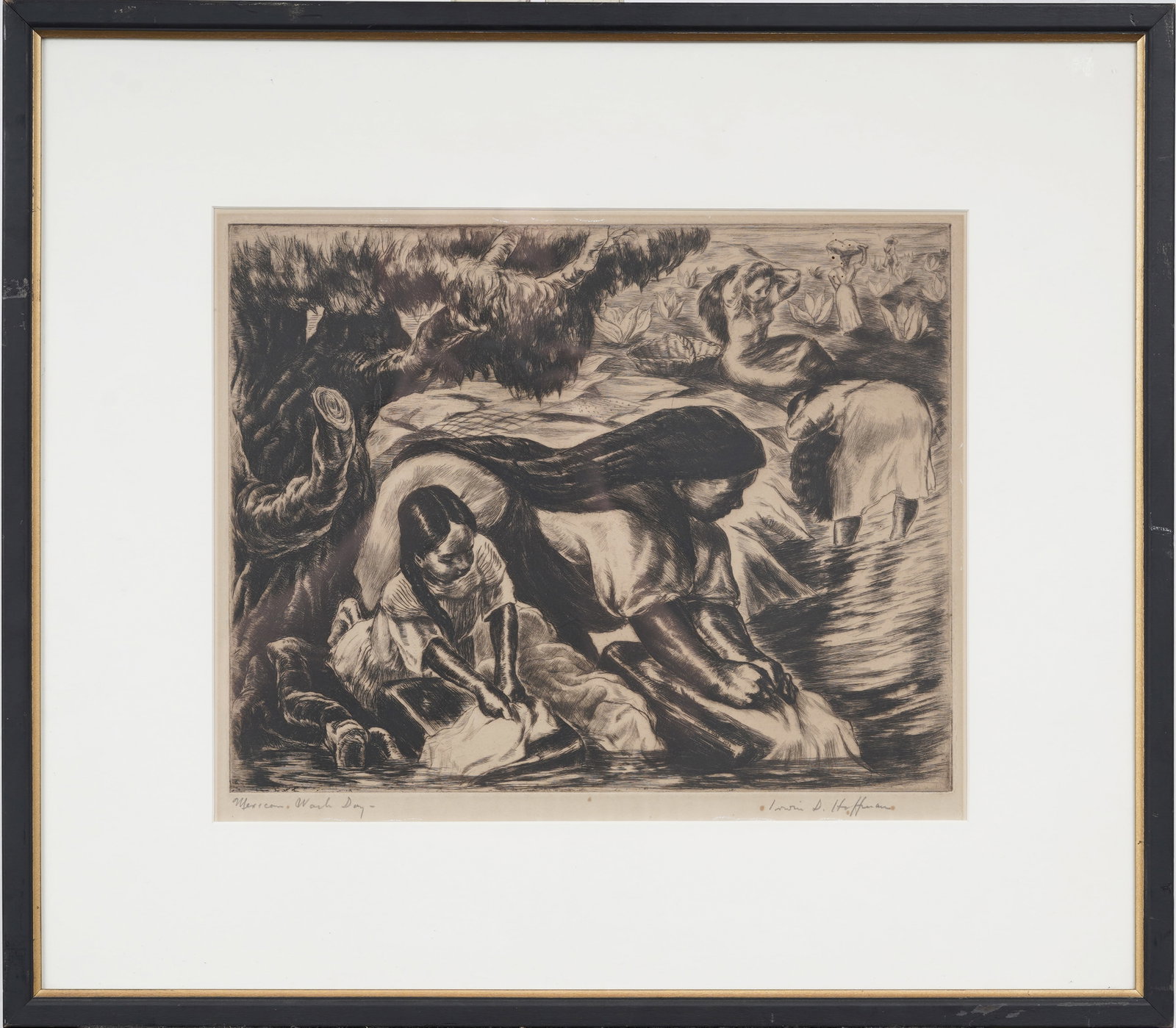 Irwin D. Hoffman (1901-1989) Boston School "Mexican Wash Day" Original Etching: Signed, framed vintage American original etching. Measuring: 20 by 24 inches overall, and 18.5 by 14.5 painting alone. Please see all images for condition. Size is measured and written on the back of