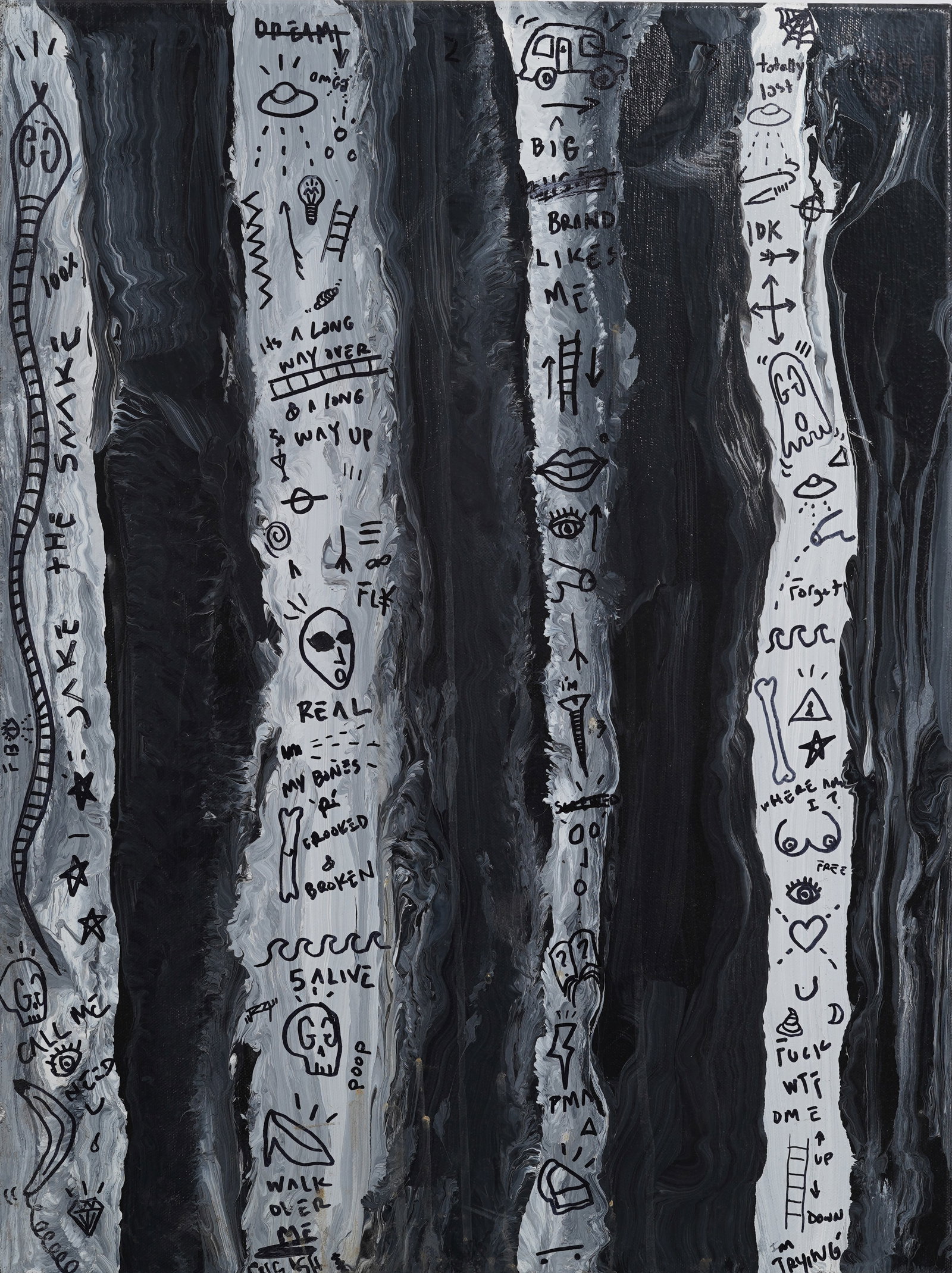 Contemporary American Graffiti Birches Original Acrylic Painting: Contemporary American oil painting on canvas. Measuring: 18 by 24 inches overall. Please see all images for condition. Size is measured and written on the back of the painting or next to each object.