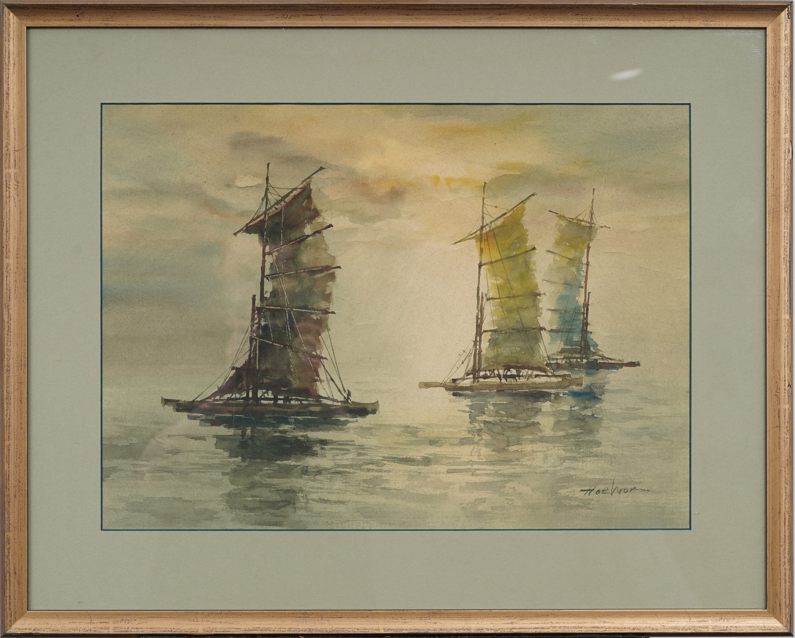 Hoe Won Vintage Korean Junk Boats Original Watercolor Painting: Signed, framed vintage Korean watercolor on paper. Measuring: 22 by 27 inches overall, and 14.5 by 20 painting alone. Please see all images for condition. Size is measured and written on the back of t