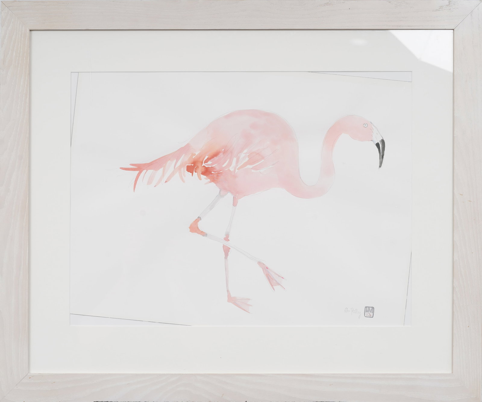 Contemporary American Minimalist Flamingo Original Watercolor Painting Signed "Ron Riley": Signed, framed contemporary American watercolor on paper. Measuring: 28 by 33 inches overall, and 17.5 by 23.5 painting alone. Please see all images for condition. Size is measured and written on the
