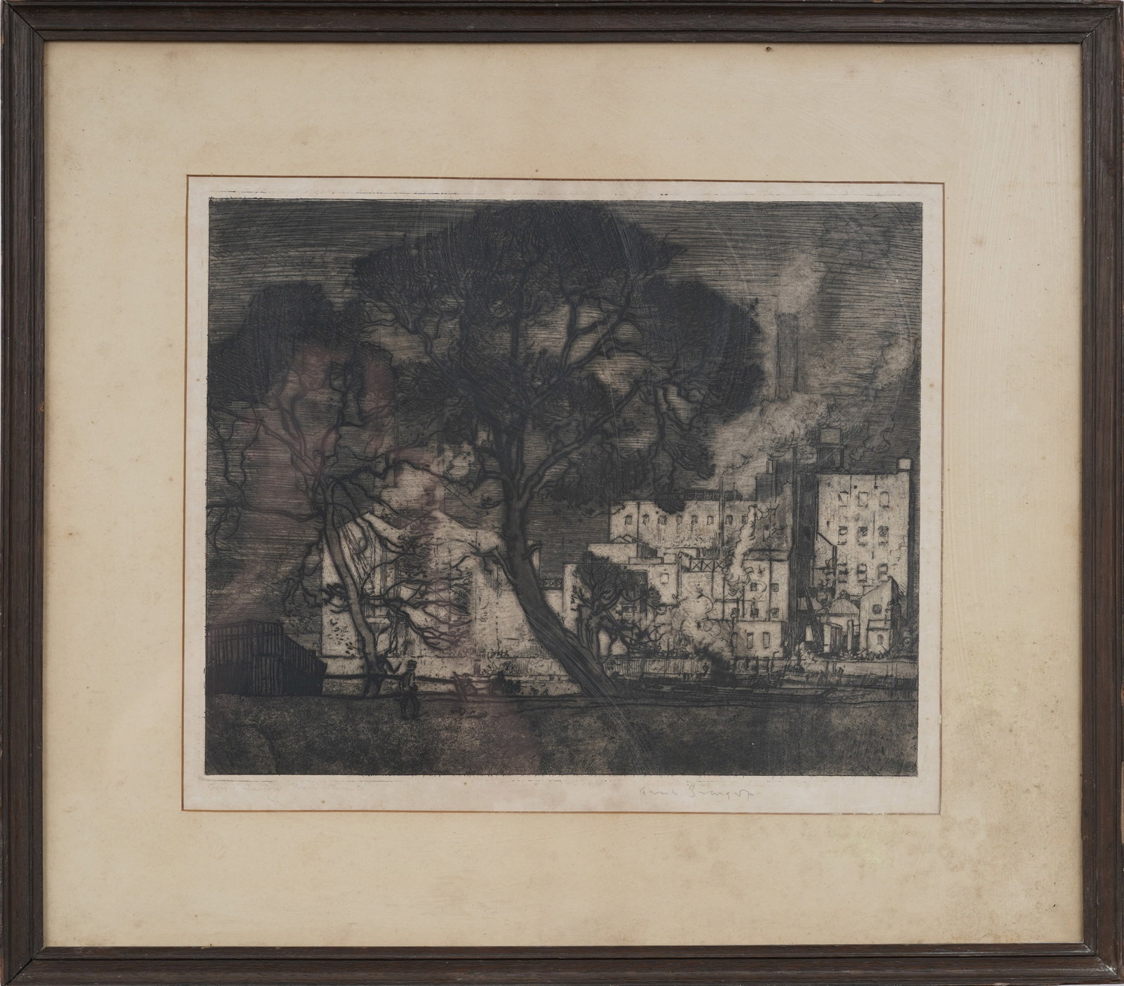 Signed Vintage American Industrial Landscape Original Etching "Tree & Factory Hammersmith": Signed, framed American etching on paper. Measuring: 22 by 25 inches overall, and 13.75 by 16.75 painting alone. Please see all images for condition. Size is measured and written on the back of the