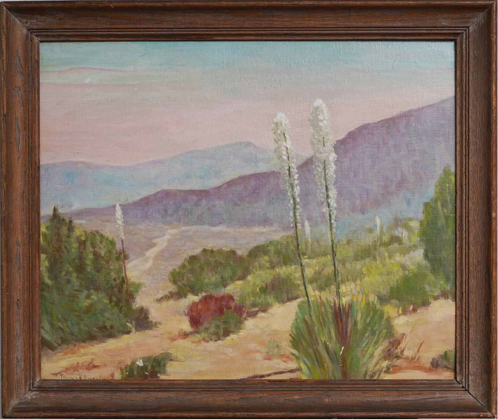 Thomas Lincoln Signed 1942 Vintage American Sunset Western Mojave Desert Landscape Oil Painting: Vintage American landscape oil painting. Framed. Measuring: 22 by 26 inches overall, and 18 by 22 painting alone. Please see all images for condition. Size is measured and written on the back of the p