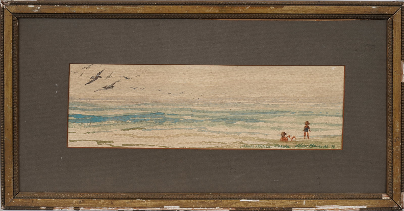 Antique American Impressionist Folk Art Beach Scene Original Framed Watercolor Painting: Antique American watercolor painting. Measuring: 11 by 20 inches overall, and 4.25 by 13.25 painting alone. Please see all images for condition. Size is measured and written on the back of the paintin