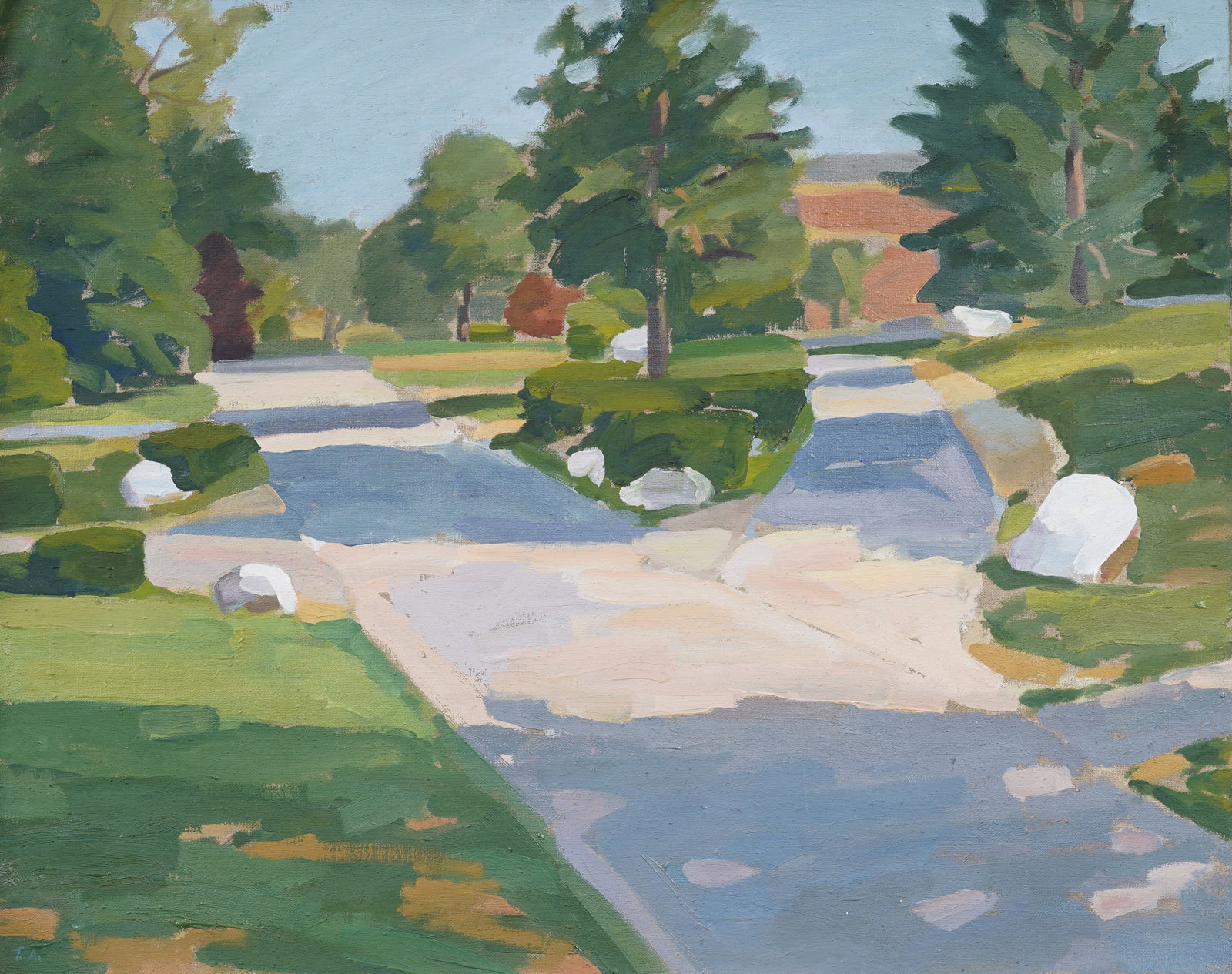 Vintage American Large Modernist Landscape Original Oil Painting: Vintage American landscape oil painting. Measuring: 24 by 30 inches overall. Please see all images for condition. Size is measured and written on the back of the painting or next to each object. The f