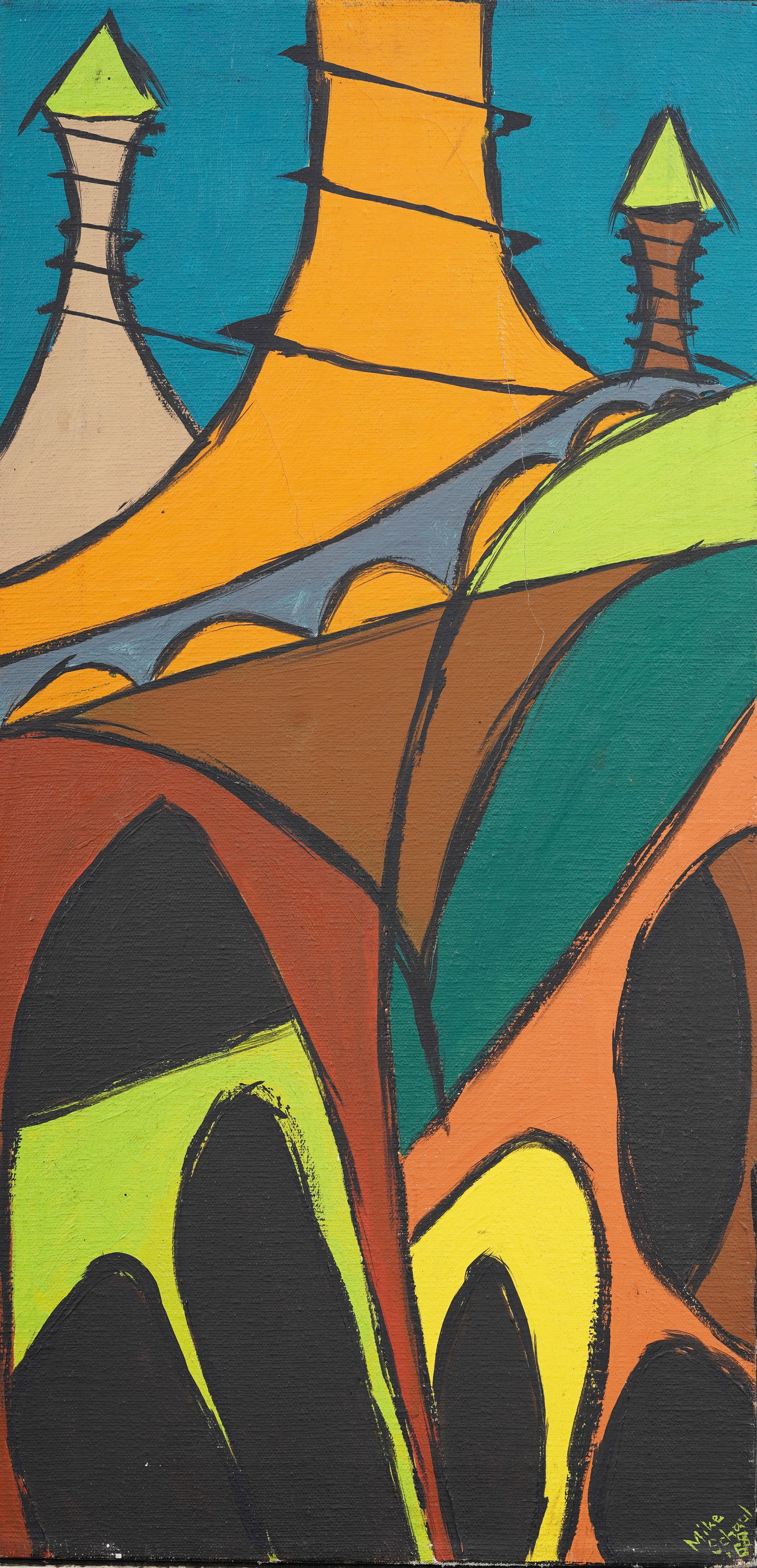 Vintage 1968 Surreal Abstract Cityscape American Original Oil Painting Signed "Mike Schaul '68": Signed vintage American oil painting on canvas. Measuring: 12 by 24 inches overall. Please see all images for condition. Size is measured and written on the back of the painting or next to each object