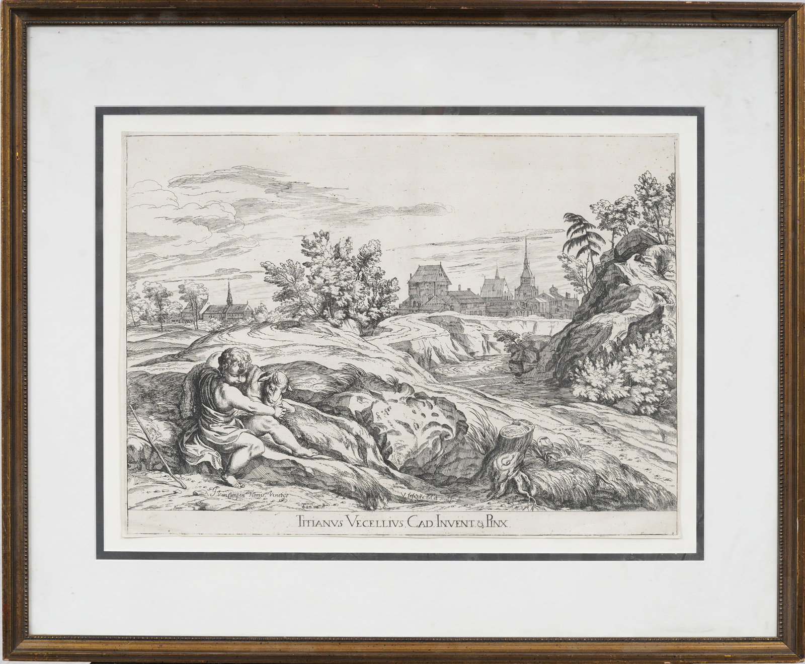 "Saint John the Baptist as a child holding a lamb" Jacobus van Campen 17th c. Venetian Etching: Framed antique etching by Jacobus van Campen after design by Domenico Campagnola. Measuring: 19 by 23 inches overall, and 13 by 17.5 painting alone. Please see all images for condition. Size is measur