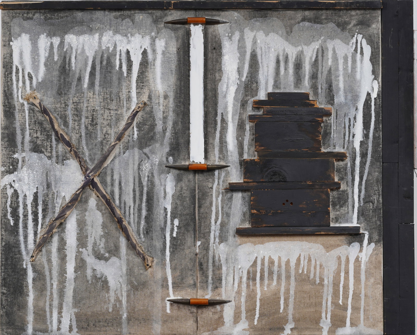 Roni Nicholson Vintage American Large Symbolist Abstract Original Mixed Media Work on Solid Wood: Vintage American mixed media work on solid wood. Measuring: 35 by 44 inches overall. Please see all images for condition. Size is measured and written on the back of the painting or next to each objec
