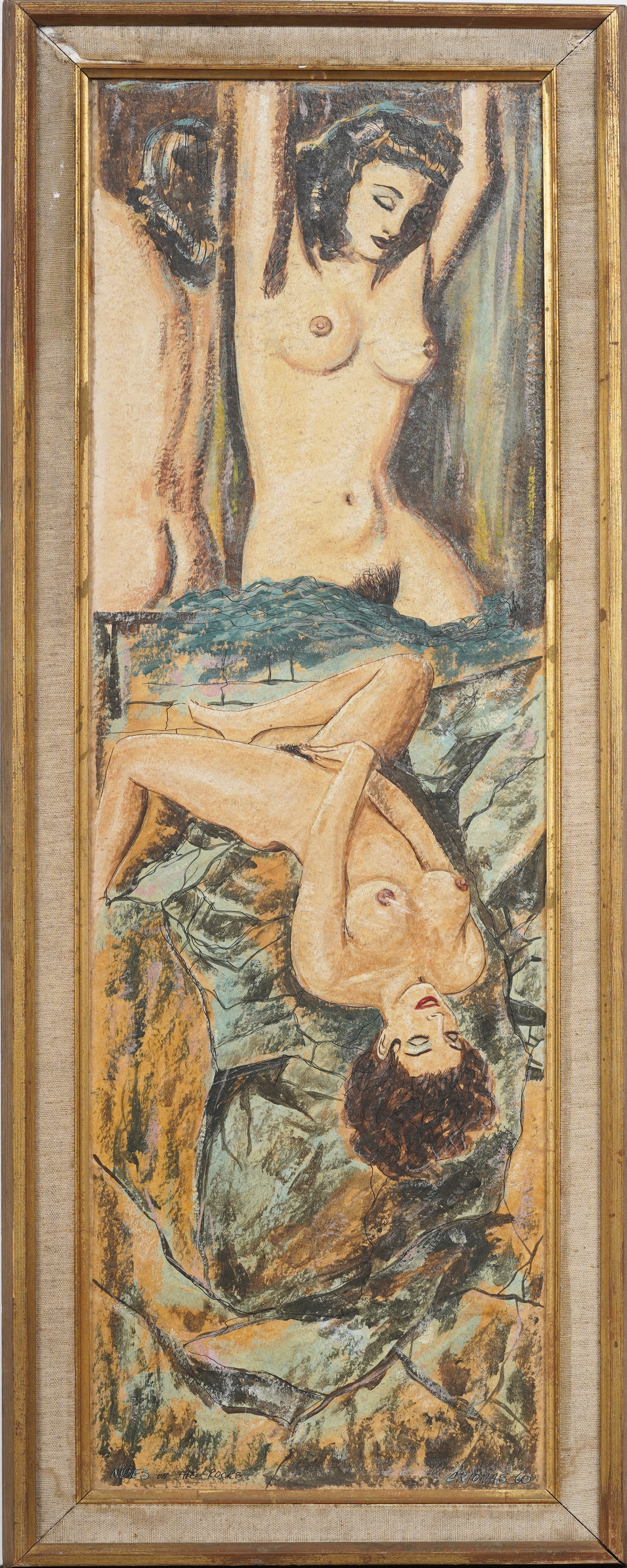 Midcentury American 1960 Erotic Female "Nudes on the Rocks" Original Oil Painting Signed "Crionas": Signed, framed vintage American oil painting on board. Measuring: 31 by 12 inches overall, and 28 by 9.25 painting alone. Please see all images for condition. Size is measured and written on the back 
