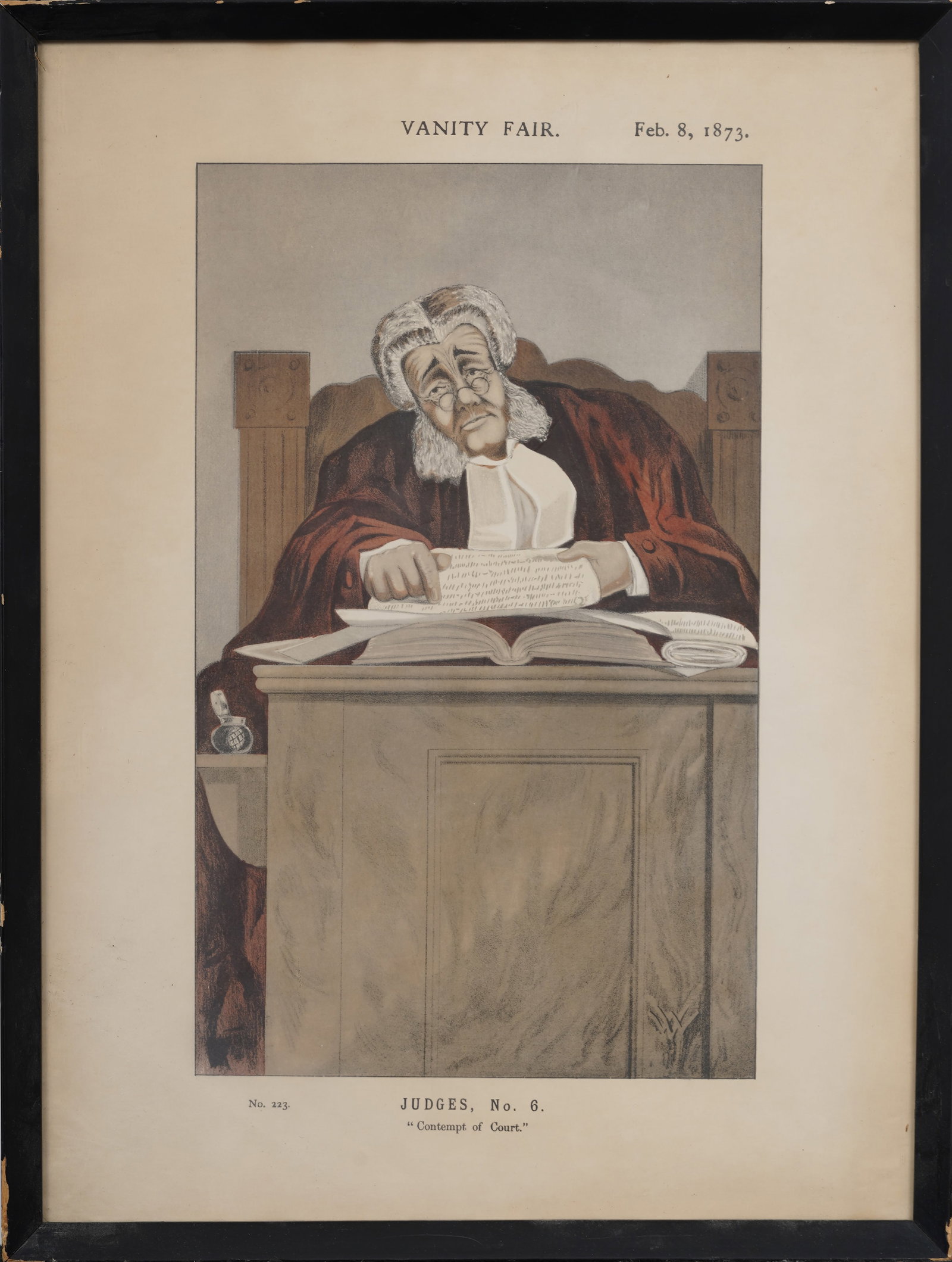 Framed Antique 1873 Vanity Fair Print "Contempt of Court" Humorous Judge Portrait: Framed antique magazine print on paper. Measuring: 17 by 13 inches overall, and 12 by 7.5 painting alone. Please see all images for condition. Size is measured and written on the back of the painting 