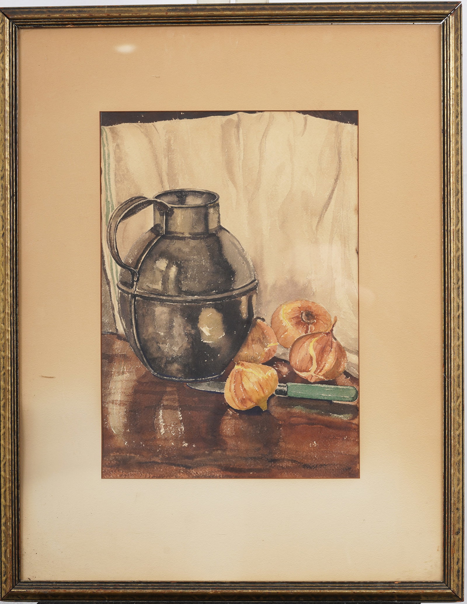 Vintage American Original Watercolor Still Life: Framed vintage American watercolor on paper. Measuring: 27 by 21 inches overall, and 17 by 11.75 painting alone. Please see all images for condition. Size is measured and written on the back of the pa