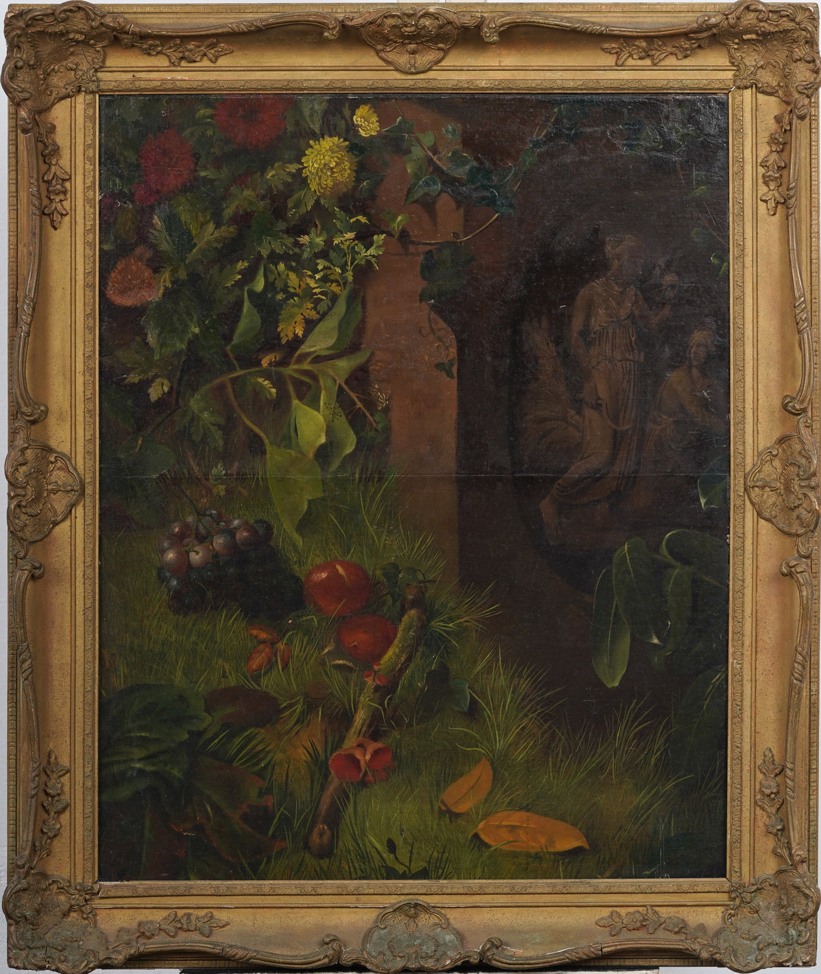 Antique European Outdoor Stone Relief Still Life Original Oil Painting: Framed antique European oil painting on canvas. Measuring: 36 by 30 inches overall, and 29.75 by 23.5 painting alone. Please see all images for condition. Size is measured and written on the back of t