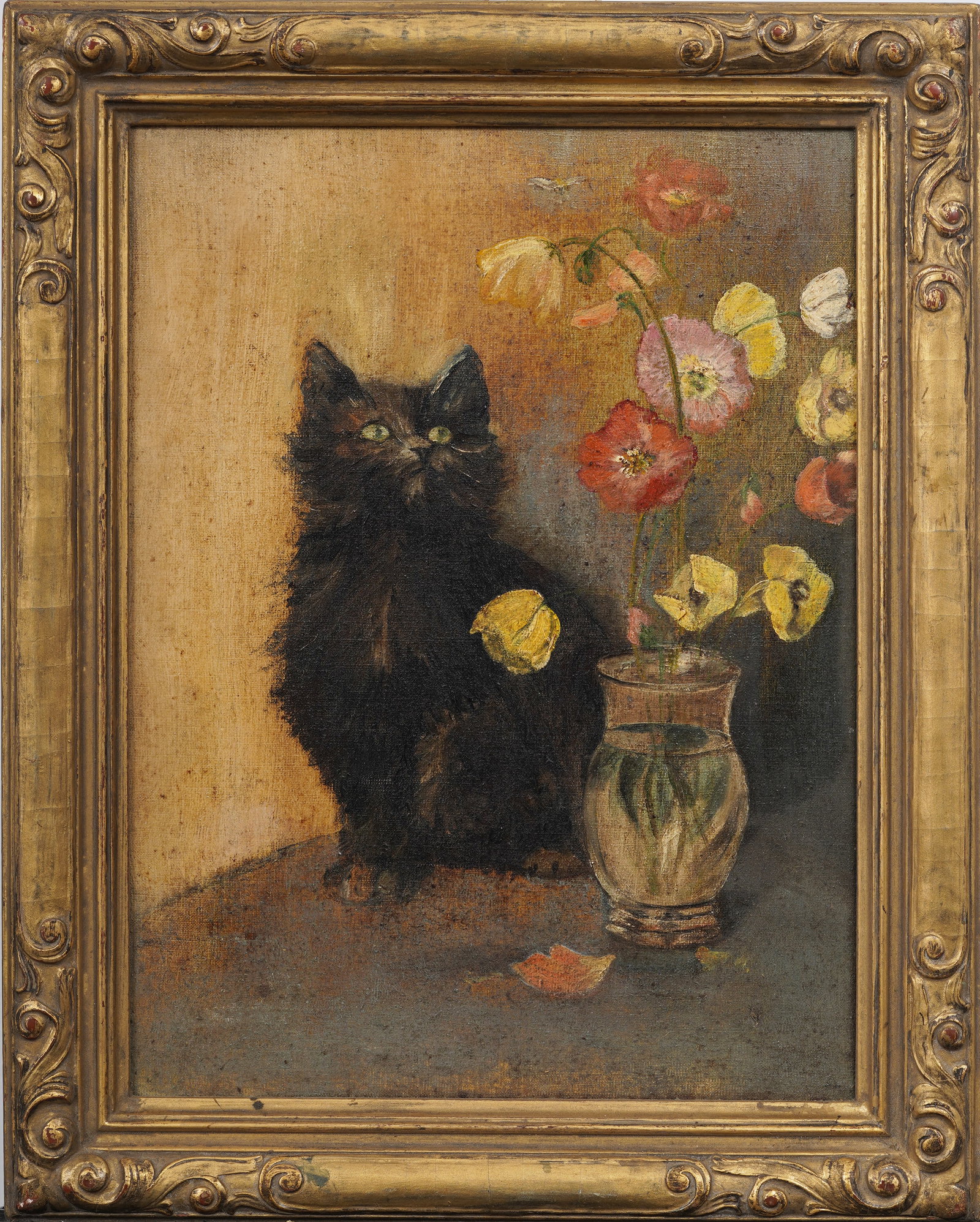 Antique American Impressionist Interior Flower Still Life Cat Portrait Framed Animal Oil Painting (1 of 7)
