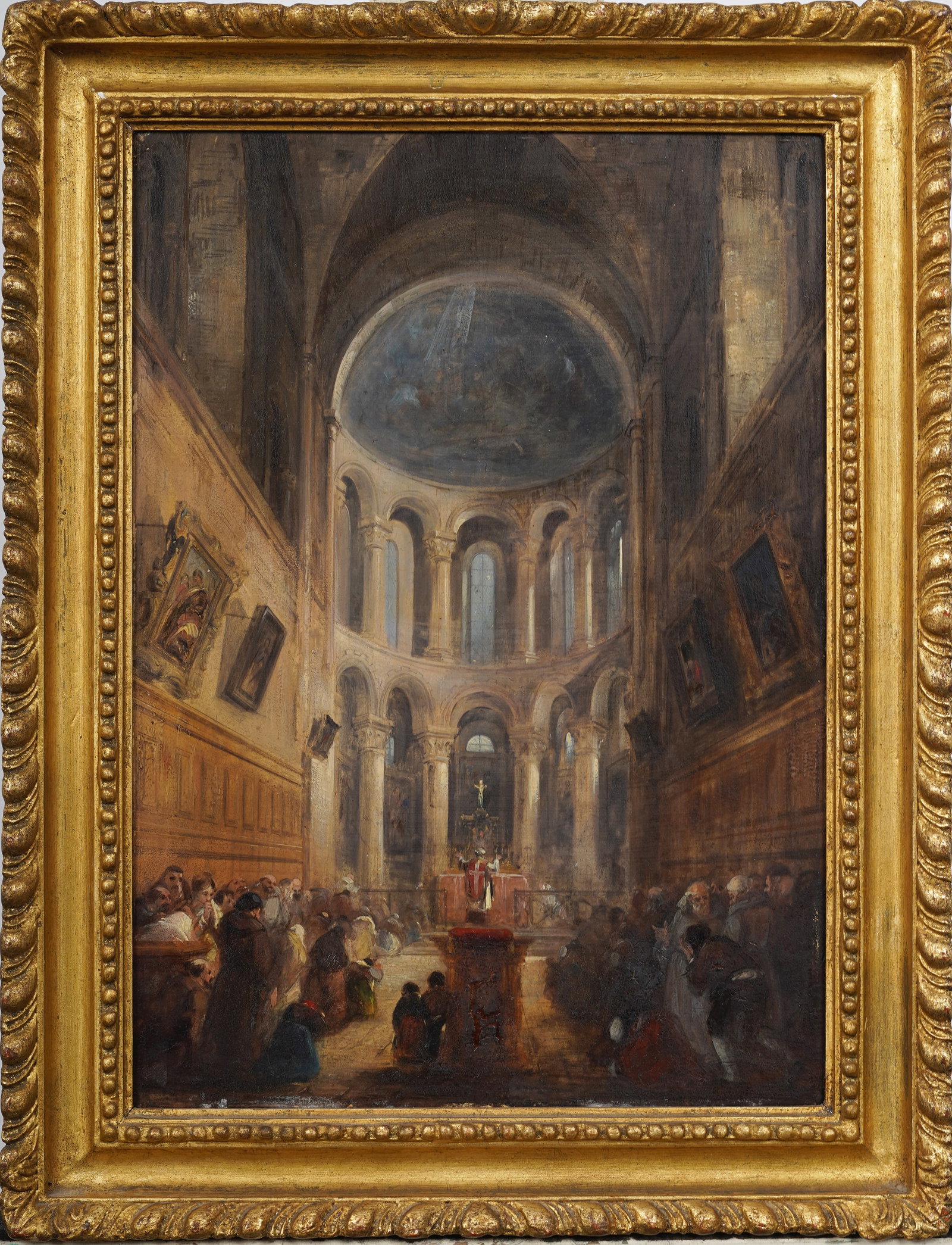 John Scarlett Davis (1804-1845) Antique English Church Interior Giltwood Frame Rare Oil Painting (1 of 8)