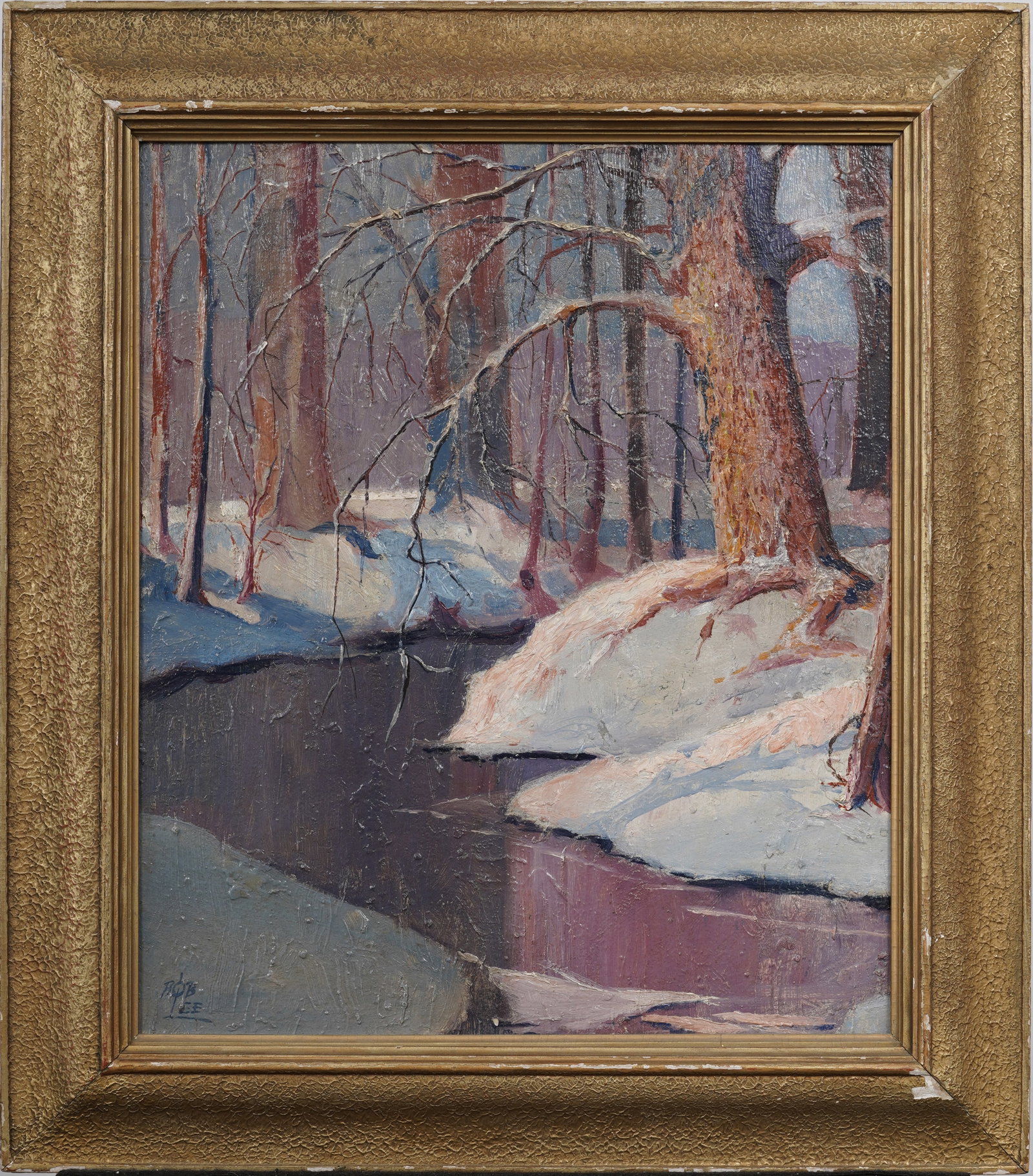 Signed Rob Lee Vintage American Impressionist Winter Landscape Framed Original Oil Painting: Vintage American impressionist winter landscape framed oil painting. Measuring: 20 by 22 inches overall, and 15 by 17.5 painting alone. Please see all images for condition. Size is measured and writte