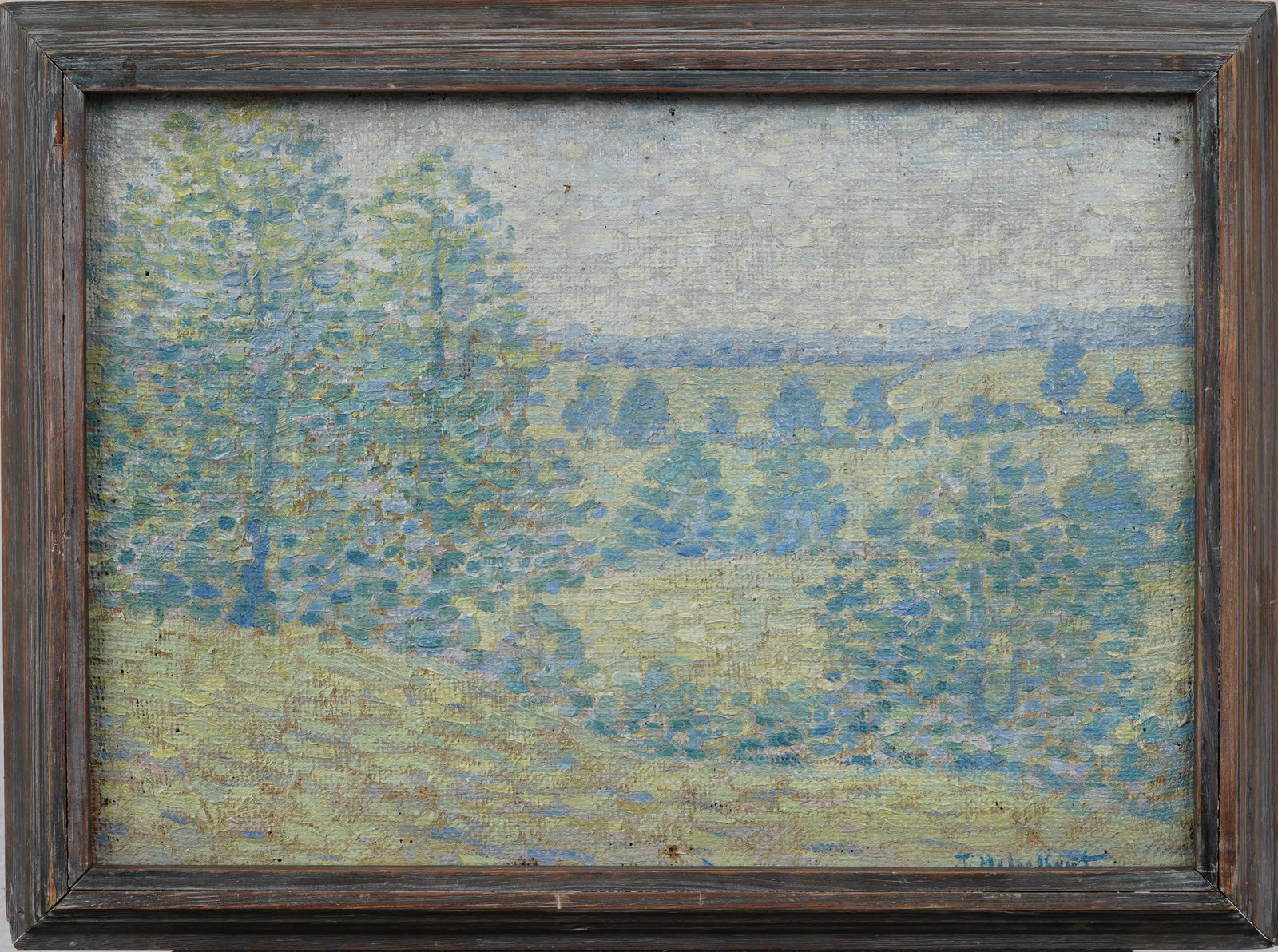 Signed Antique American Pointillist Landscape Framed Original Impressionist Oil Painting: Antique American landscape oil painting. Measuring: 17 by 23 inches overall, and 14.5 by 20.5 painting alone. Please see all images for condition. Size is measured and written on the back of the paint