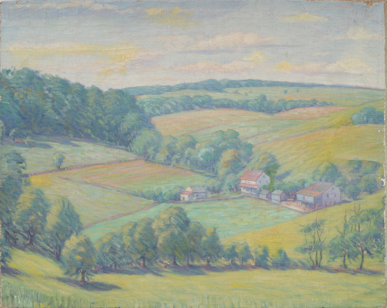 Idyllic Rural Farmland Vintage American Landscape Original Oil Painting: Vintage American oil painting on canvas. Measuring: 16 by 20 inches overall. Please see all images for condition. Size is measured and written on the back of the painting or next to each object. The f