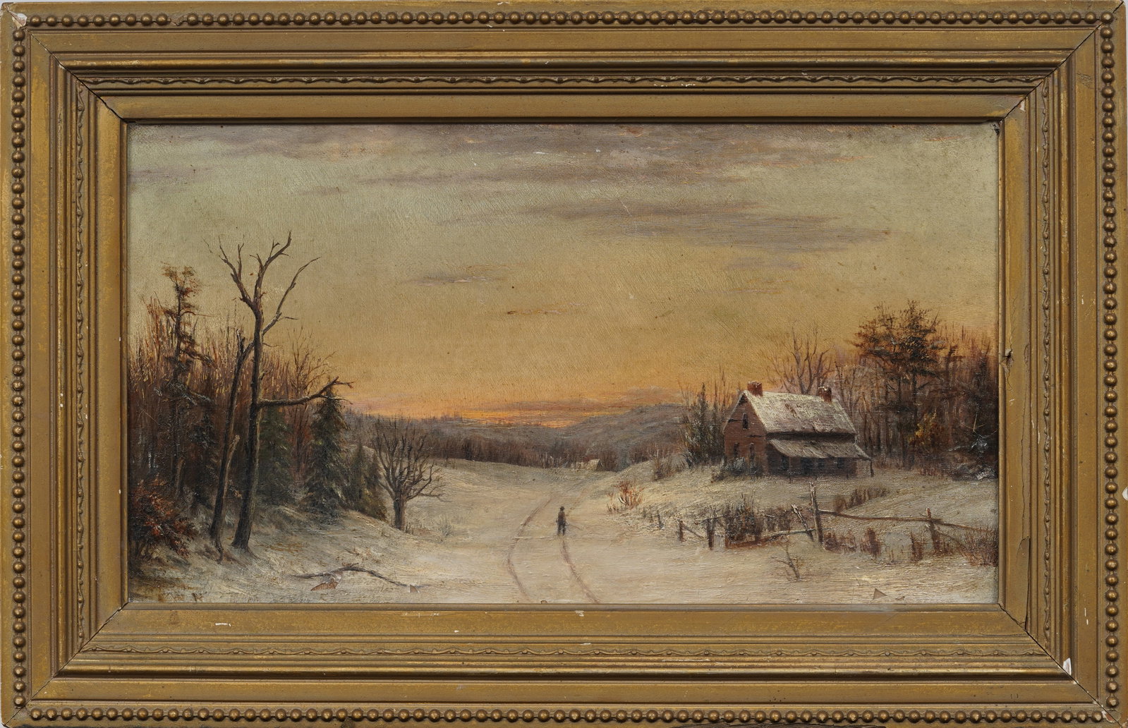 Antique American Winter Sunset Hudson River School Framed Original Landscape Oil Painting: Framed antique American oil painting on canvas. Measuring: 12 by 18 inches overall, and 8 by 14 painting alone. Please see all images for condition. Size is measured and written on the back of the pai