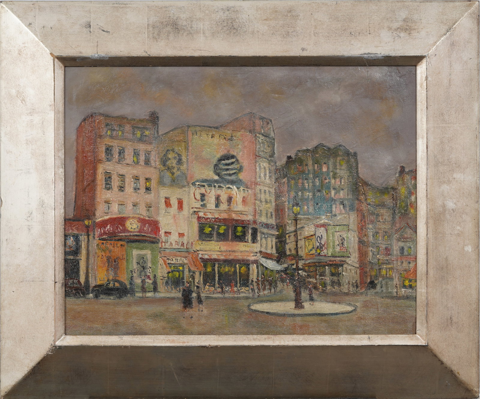 Parisian Twilight Street Scene Vintage French Original Oil Painting: Framed vintage French oil painting on canvas. Measuring: 24 by 29 inches overall, and 17 by 22 painting alone. Please see all images for condition. Size is measured and written on the back of the pain