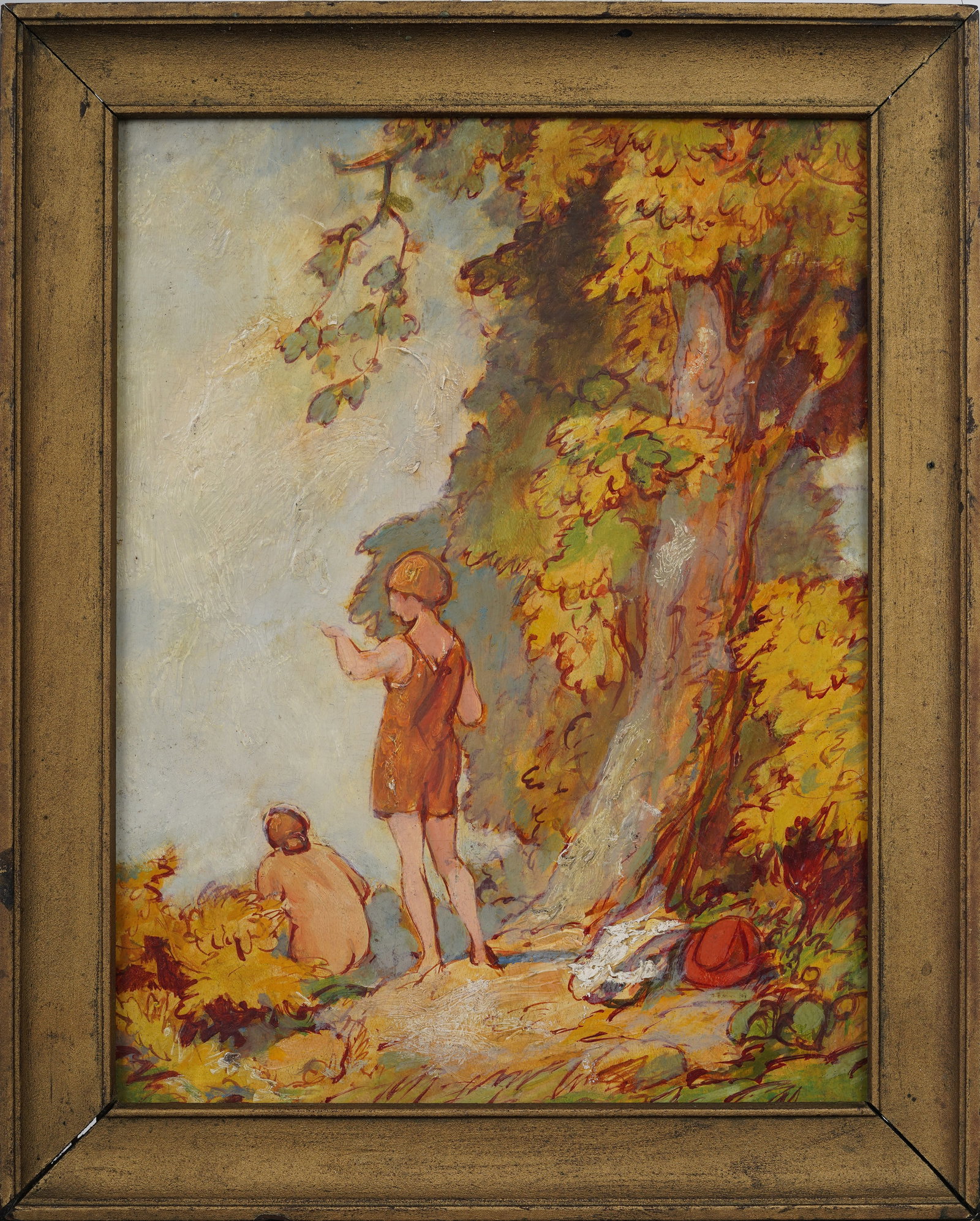Antique American School Arts and Crafts Forest Spring Nude Bathers Framed Original Oil Painting: Antique American oil painting. Measuring: 9 by 11 inches overall, and 7 by 9.5 painting alone. Please see all images for condition. Size is measured and written on the back of the painting or next to 