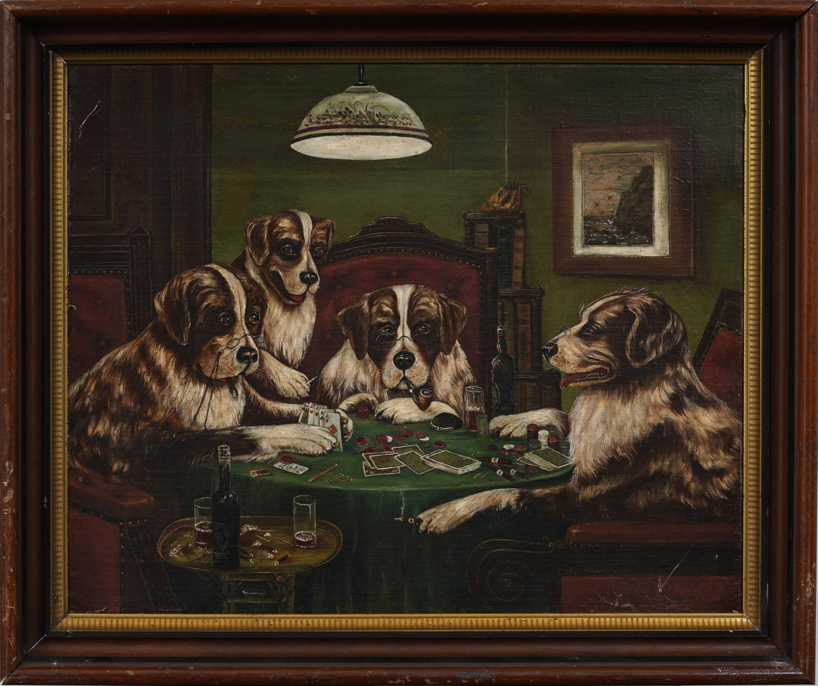 Antique Four-of-a-Kind Dogs Playing Poker American Folk School Original Framed Oil Painting: Framed antiqu American oil painting on canvas. Canvas has ben relined. Measuring: 23 by 27 inches overall, and 19 by 23 painting alone. Please see all images for condition. Size is measured and writte