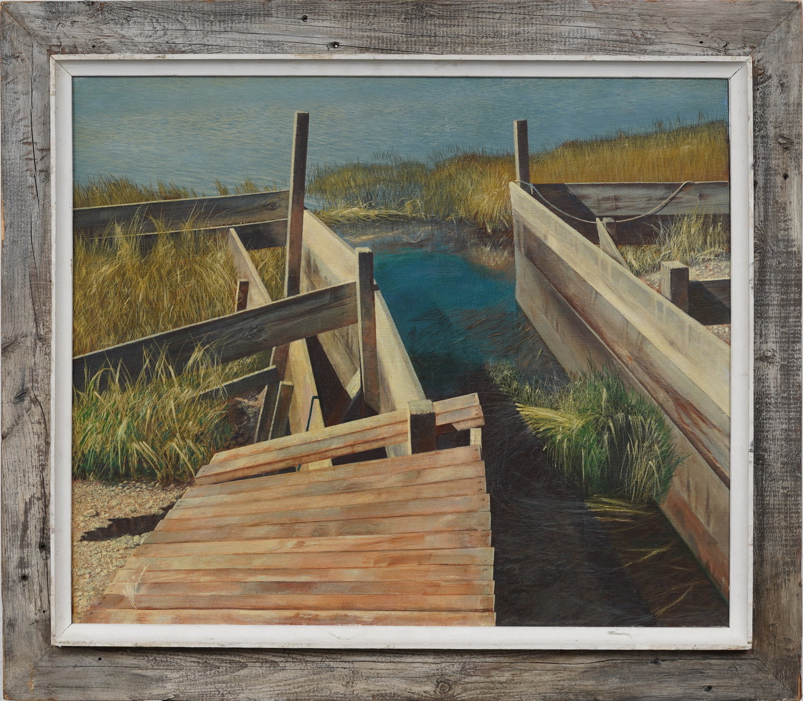Signed J.A. Eiser Vintage American Super Realist Boat Dock Framed Landscape Original Oil Painting: Signed, framed vintage American oil painting on canvas. Measuring: 25 by 29 inches overall, and 20 by 24 painting alone. Please see all images for condition. Size is measured and written on the back o