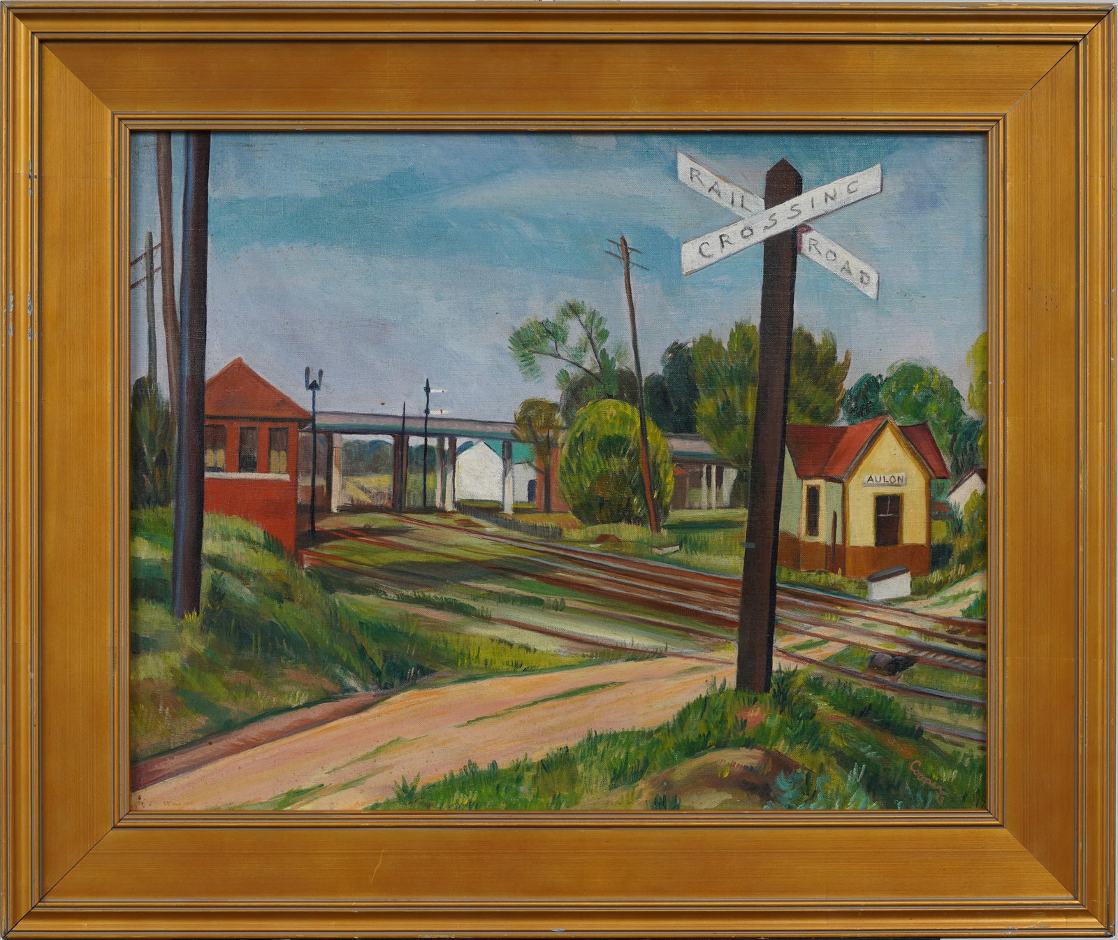 Aulon Railroad Crossing Vintage American Regional Signed "Cooper 33" Original Framed Oil Painting: Framed vintage American oil painting on canvas. Measuring: 22 by 26 inches overall, and 16 by 20 painting alone. Please see all images for condition. Size is measured and written on the back of the pa