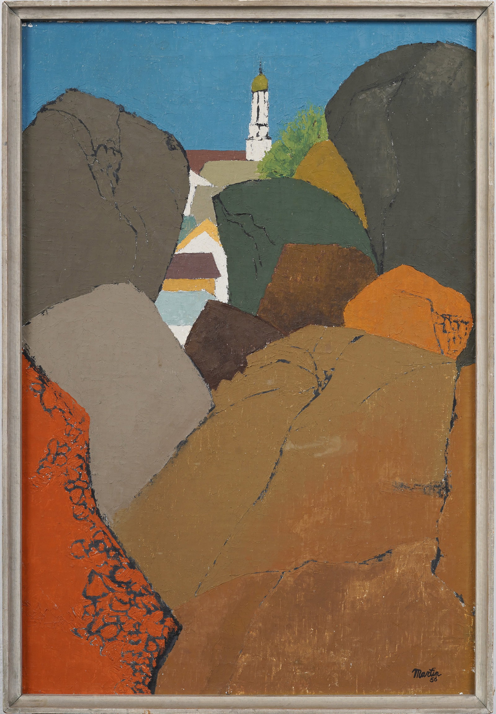 Signed "Martin" Modernist Town View Through Boulders Midcentury 1956 American Original Oil Painting (1 of 6)