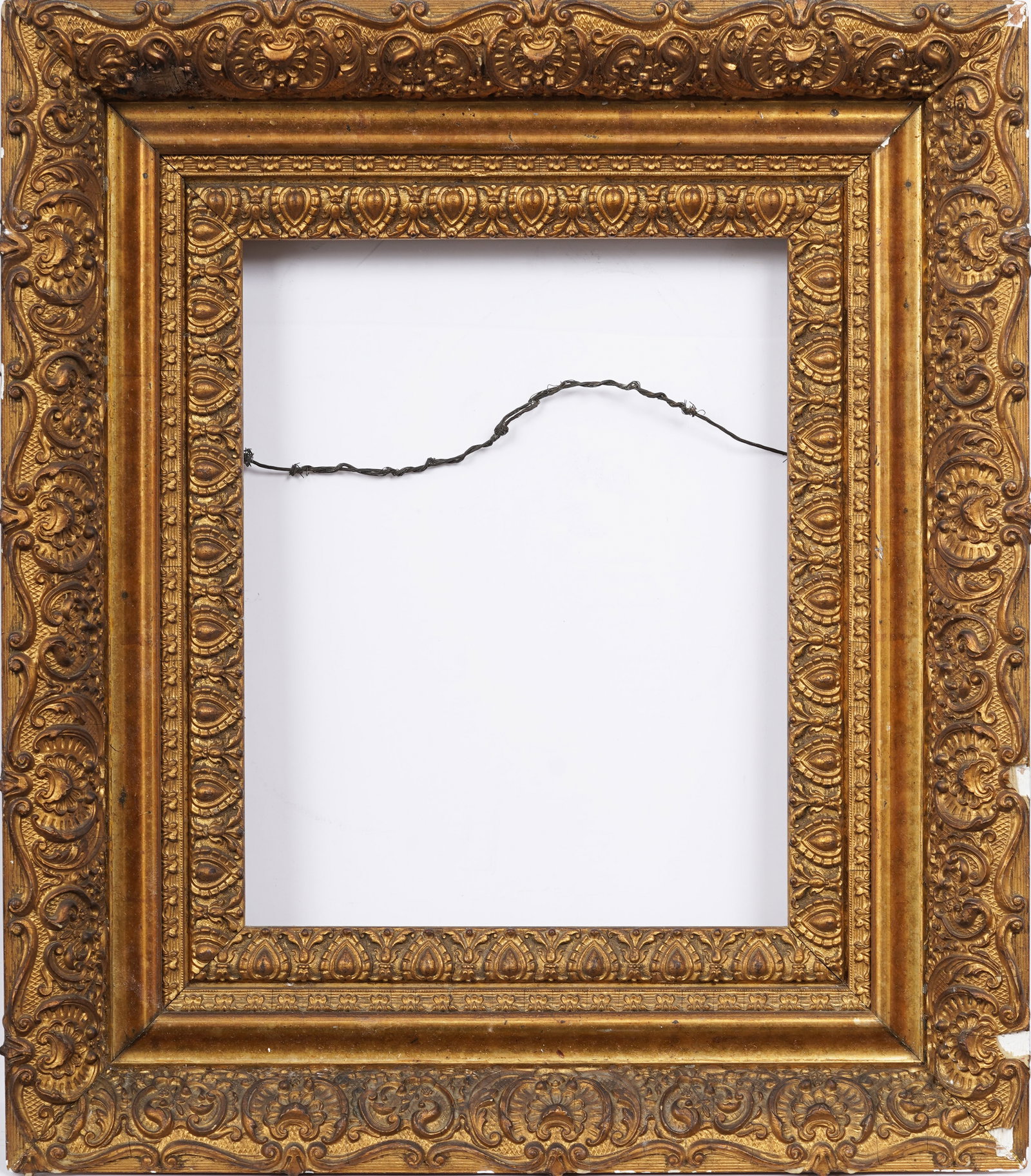 Antique Ornate French Gilt Gesso Oil Painting Frame Fits 10" x 8": Antique carved oil painting frame. Measuring: 15.25 by 13.25 inches overall, 10 by 8 rabbet size, and 9.5 by 7.5 sight size. Please see all images for condition. Size is measured and written on the ba