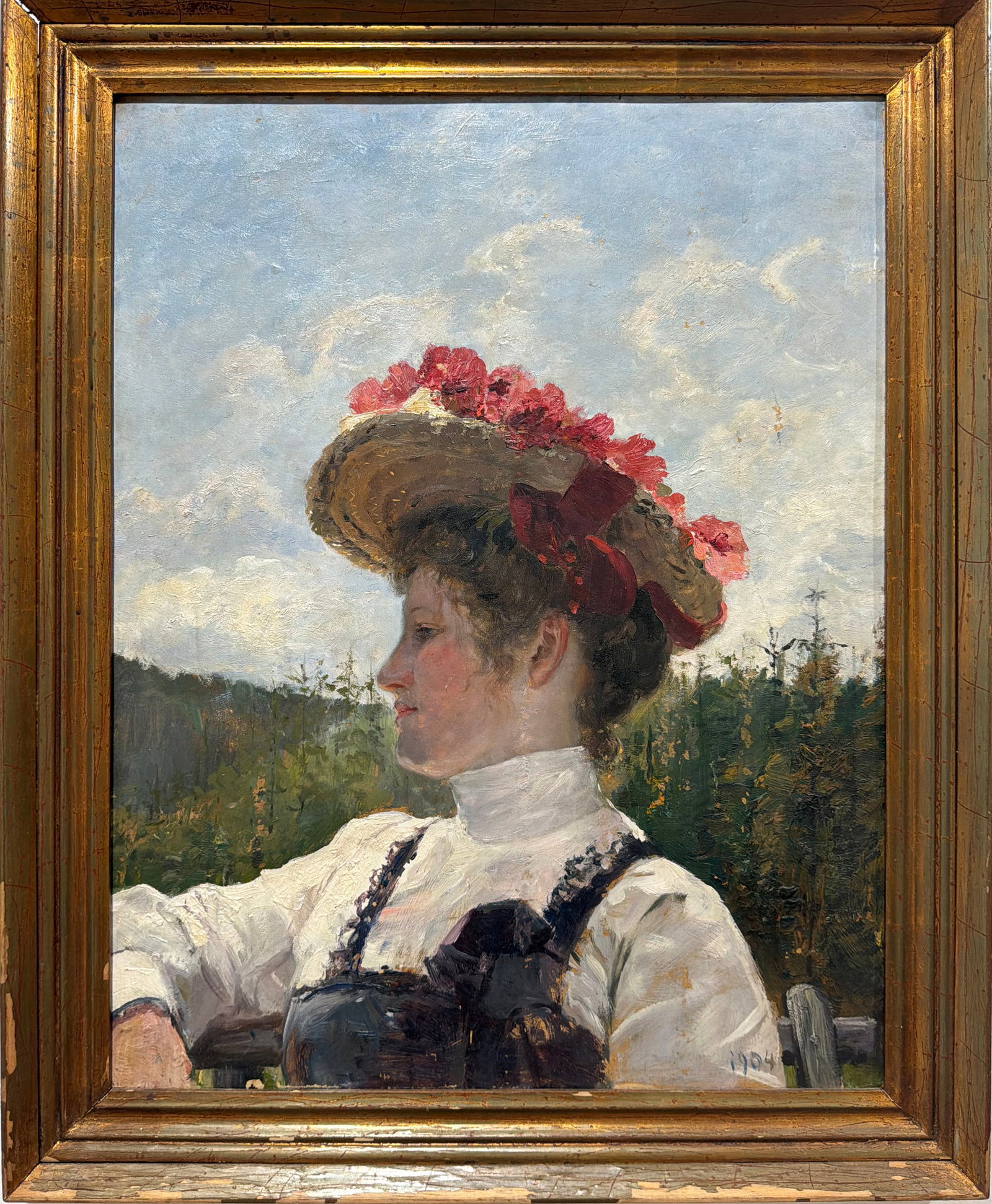 Antique American Major Impressionist 1904 Woman Portrait in Landscape Framed Oil Painting (1 of 9)
