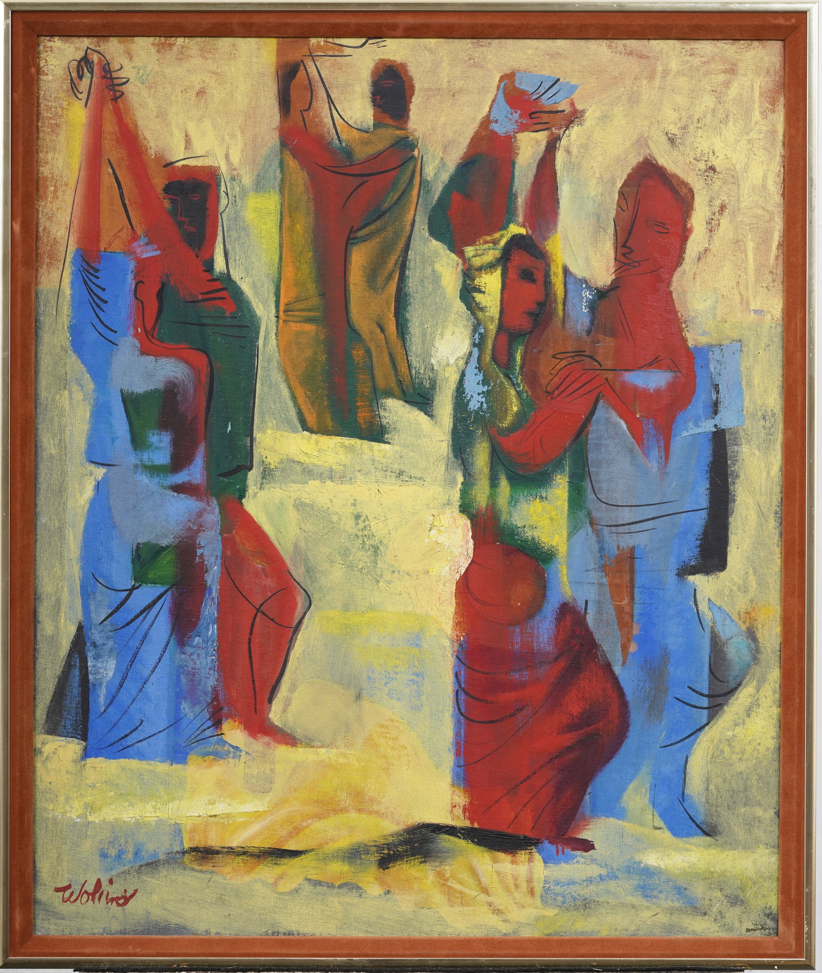 Joseph Wolins (1915-1999) Vintage American Modernist Figural Scene "Solemn Dance" Oil Painting: Vintage modernist oil painting by Joseph Wolins (1915-1999). Measuring: 21 by 25 inches overall, and 20 by 24 artwork alone. Please see all images for condition. Size is measured and written on the ba