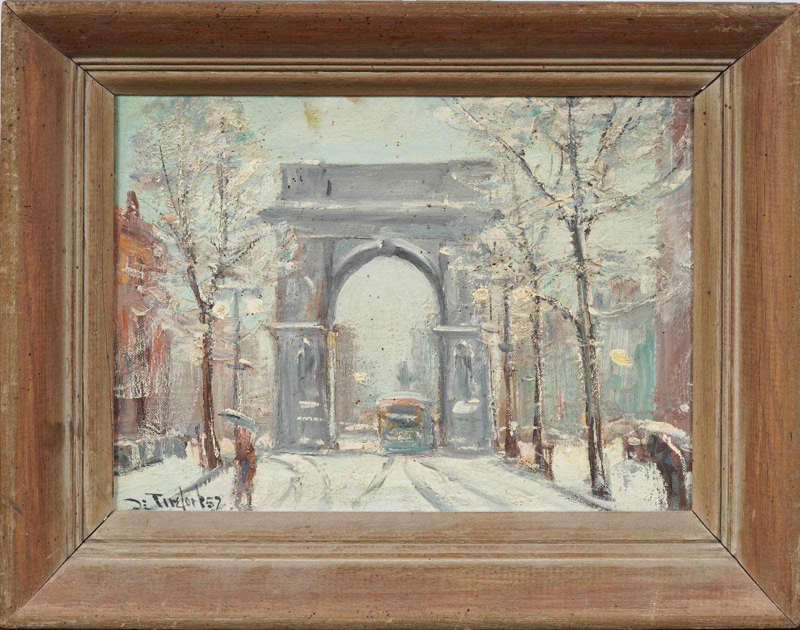 Bela deTirefort (1894-1993) Vintage American Impressionist Winter New York Cityscape Oil Painting: Vintage American winter street scene featuring Washington Square Park oil painting. Signed. Framed. Measuring: 13 by 16 inches overall, and 9 by 12 artwork alone. Please see all images for condition. 