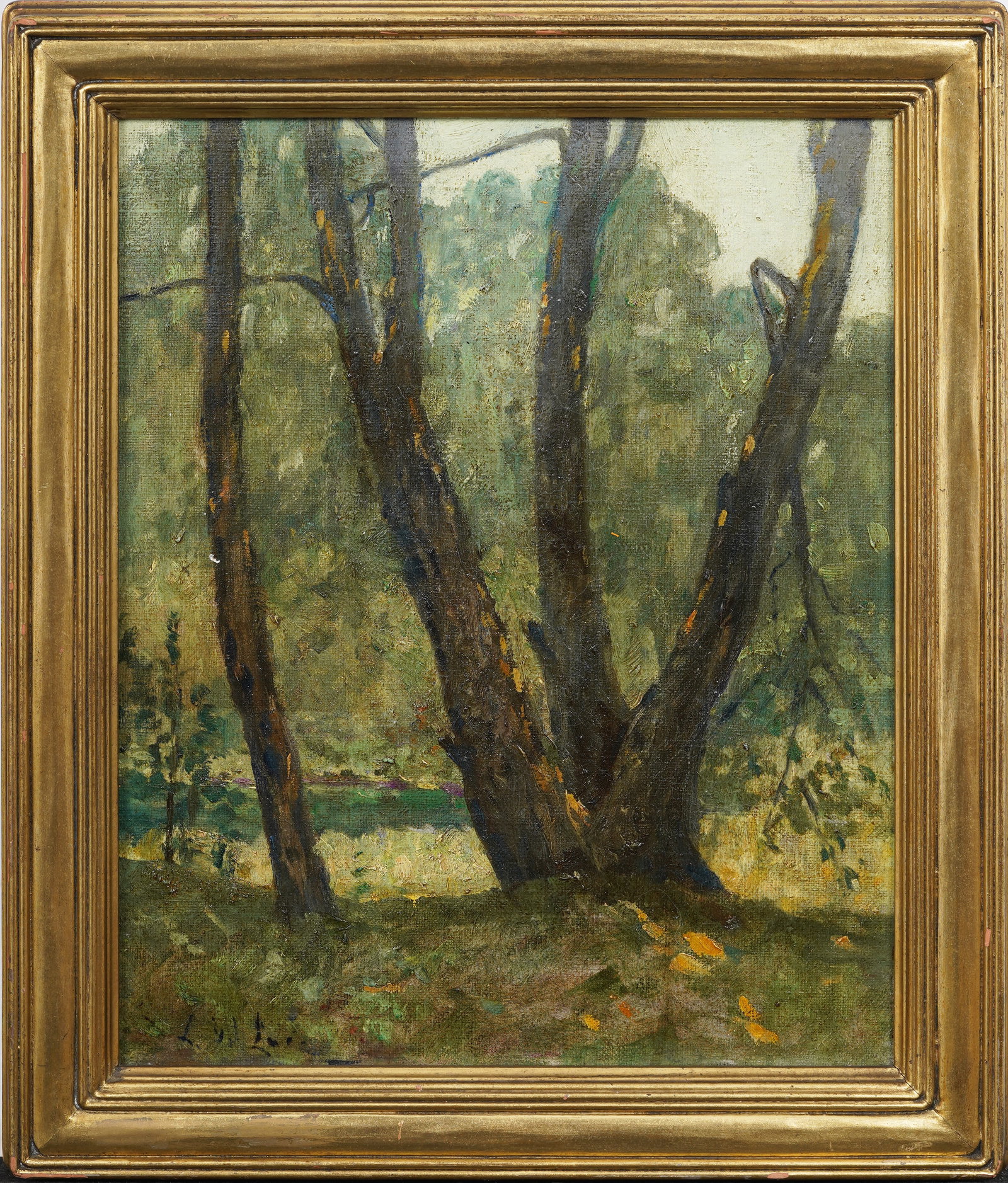 Laura Wilson Luce (1845-1942) Antique American Pennsylvania Impressionist Woman Oil Painting: Antique impressionist landscape oil painting by Laura Wilson Luce (1845-1942). Oil on canvas. Signed. Framed. Measuring: 15 by 18 inches overall, and 12 by 15 artwork alone. Please see all images for 