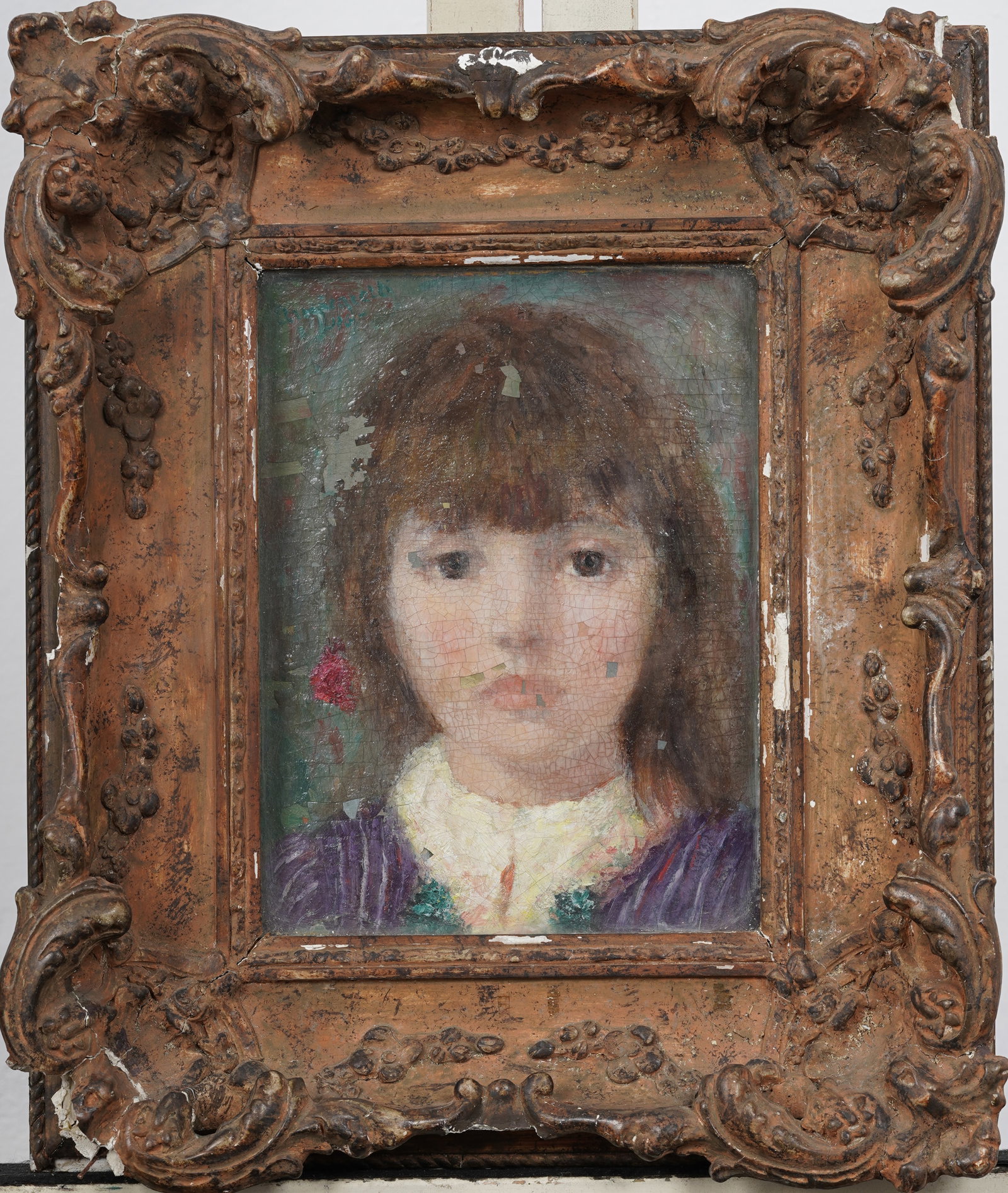 Guido Amicarelli Signed Vintage Argentine Impressionist Young Girl Signed Portrait Oil Painting: Vintage Argentine portrait oil painting. Measuring: 15 by 18 inches overall, and 8.5 by 10.75 artwork alone. Please see all images for condition. Size is measured and written on the back of the painti