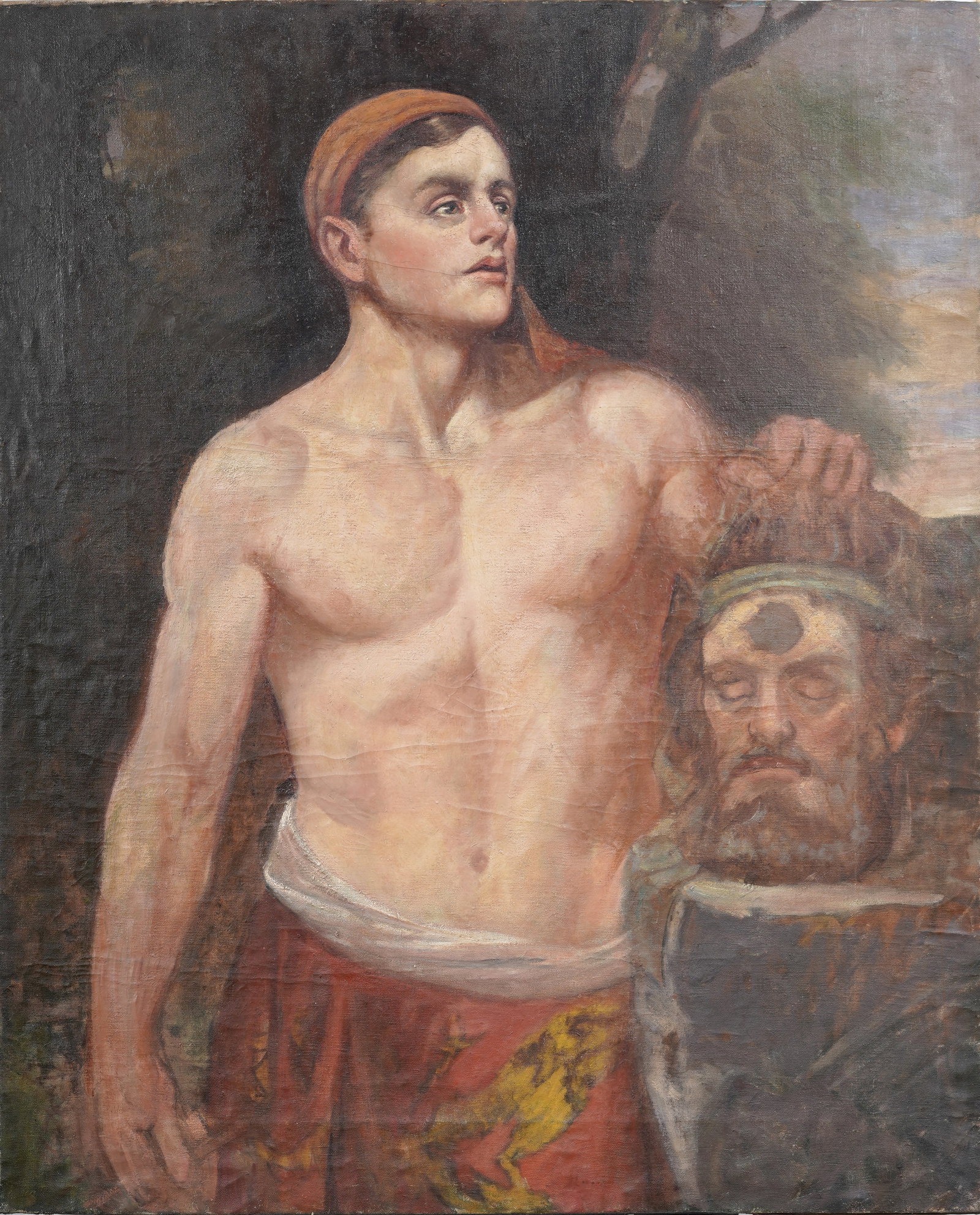Large Finely Painted Male Nude Portrait Symbolist Severed Head Original Oil Painting: Large interesting oil painting. Measuring: 35 by 43 inches overall. Please see all images for condition. Size is measured and written on the back of the painting or next to each object. For detailed c