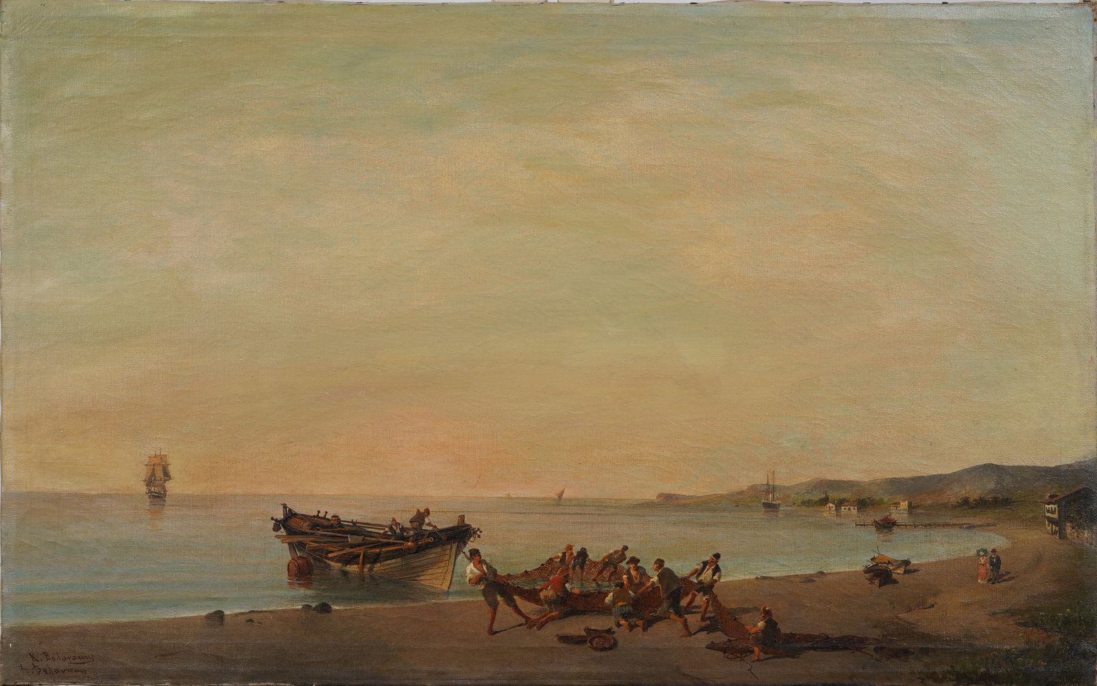 Large Antique European Impressionist Beach Scene Signed Original Oil Painting (1 of 7)
