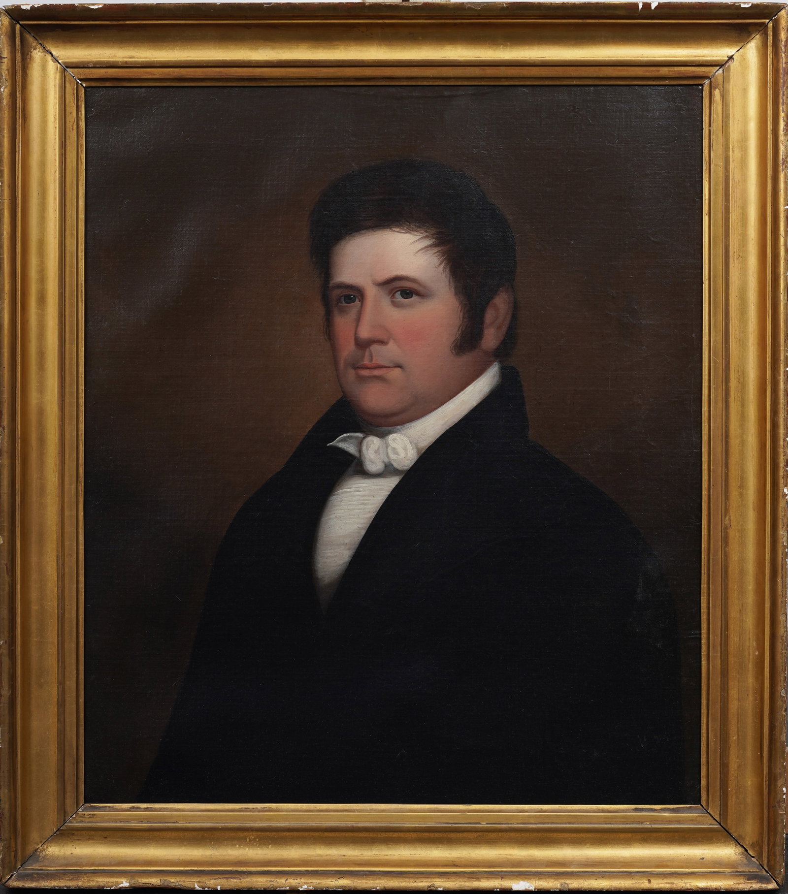 Antique American School Finely Executed Realist Male Portrait Framed Early Original Oil Painting: Antique portrait oil painting. Framed. Measuring: 28 by 32 inches overall, and 23 by 27 artwork alone. Please see all images for condition. Size is measured and written on the back of the painting or 