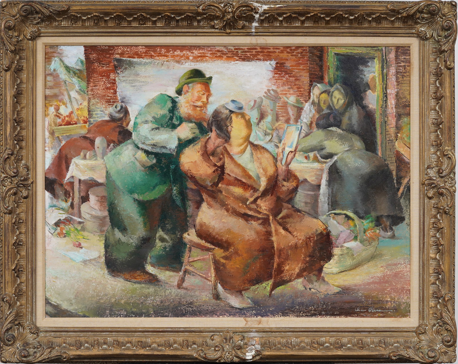 Iver Rose (1899-1972) Vintage American New York "Hat Maker" Large Framed Original Oil Painting: Vintage American modernist lower east side scene oil painting by Iver Rose (1899-1972). Oil on board. Framed. Signed. Gallery tag verso. Measuring: 29 by 37 inches overall, and 24 by 32 artwork alone.
