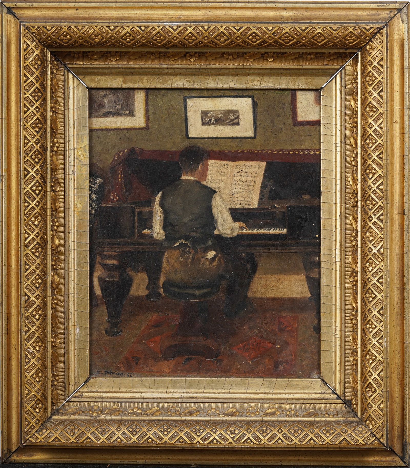 Antique American Interior Scene Man Playing Piano Framed Original Oil Painting (1 of 6)