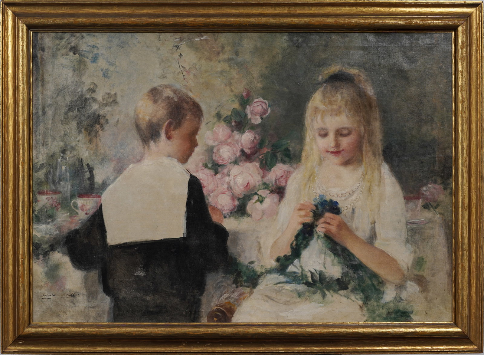 Signed Antique American School Interior Scene Impressionist Portrait Framed Original Oil Painting: Antique interior scene oil painting. Measuring: 33 by 44 inches overall, and 27 by 39 artwork alone. Please see all images for condition. Size is measured and written on the back of the painting or ne
