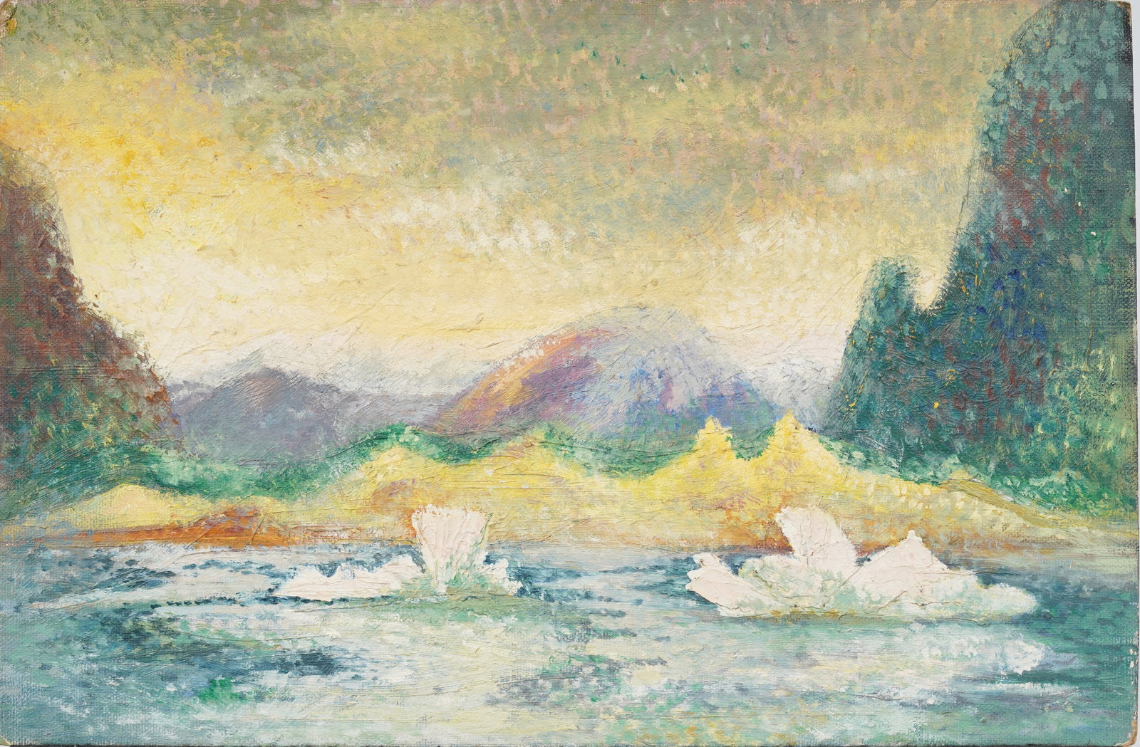 Vintage South American Modernist Landscape Original Oil Painting: Vintage modernist oil painting. Measuring: 12 by 18 inches overall. Please see all images for condition. Size is measured and written on the back of the painting or next to each object. For detailed c