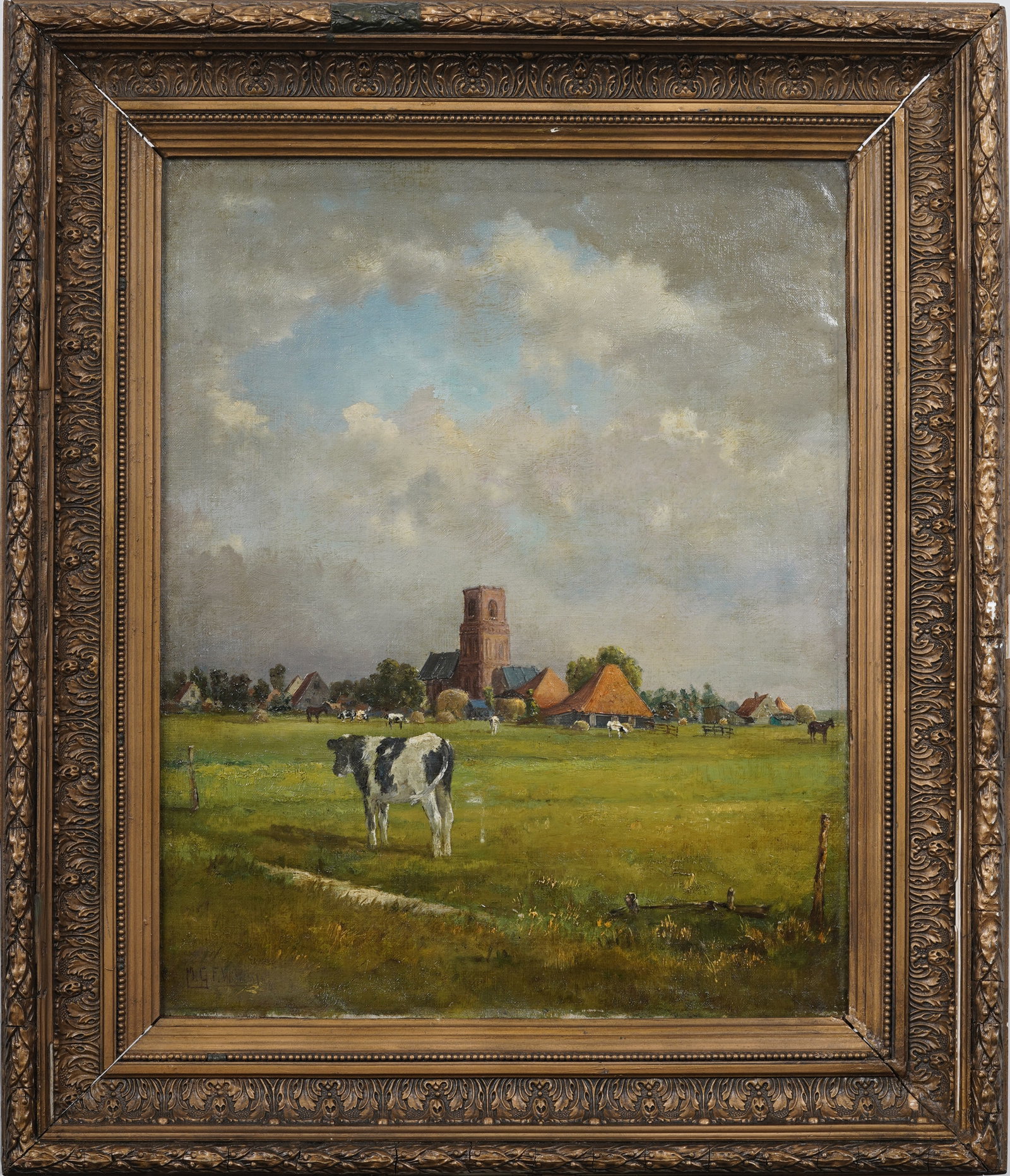 Antique Bucolic Signed Farm Landscape Nicely Framed Horse and Cow Portrait Original Oil Painting: Antique landscape oil painting. Measuring: 22 by 26 inches overall, and 16 by 20 artwork alone. Please see all images for condition. Size is measured and written on the back of the painting or next to