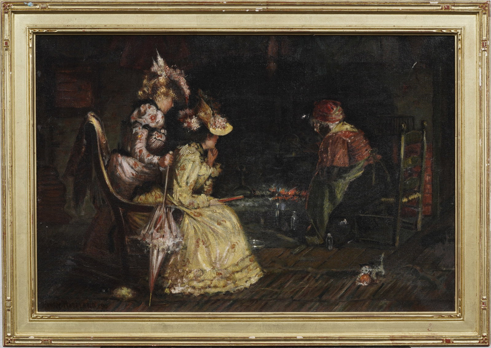 Harry Roseland 1866-1950 Antique American Genre Scene Interior Portrait Signed Original Oil Painting: Antique interior scene oil painting. Signed. Oil on canvas. Framed. Measuring: 20 by 28 inches overall, and 16 by 24 artwork alone. Please see all images for condition. Size is measured and written on