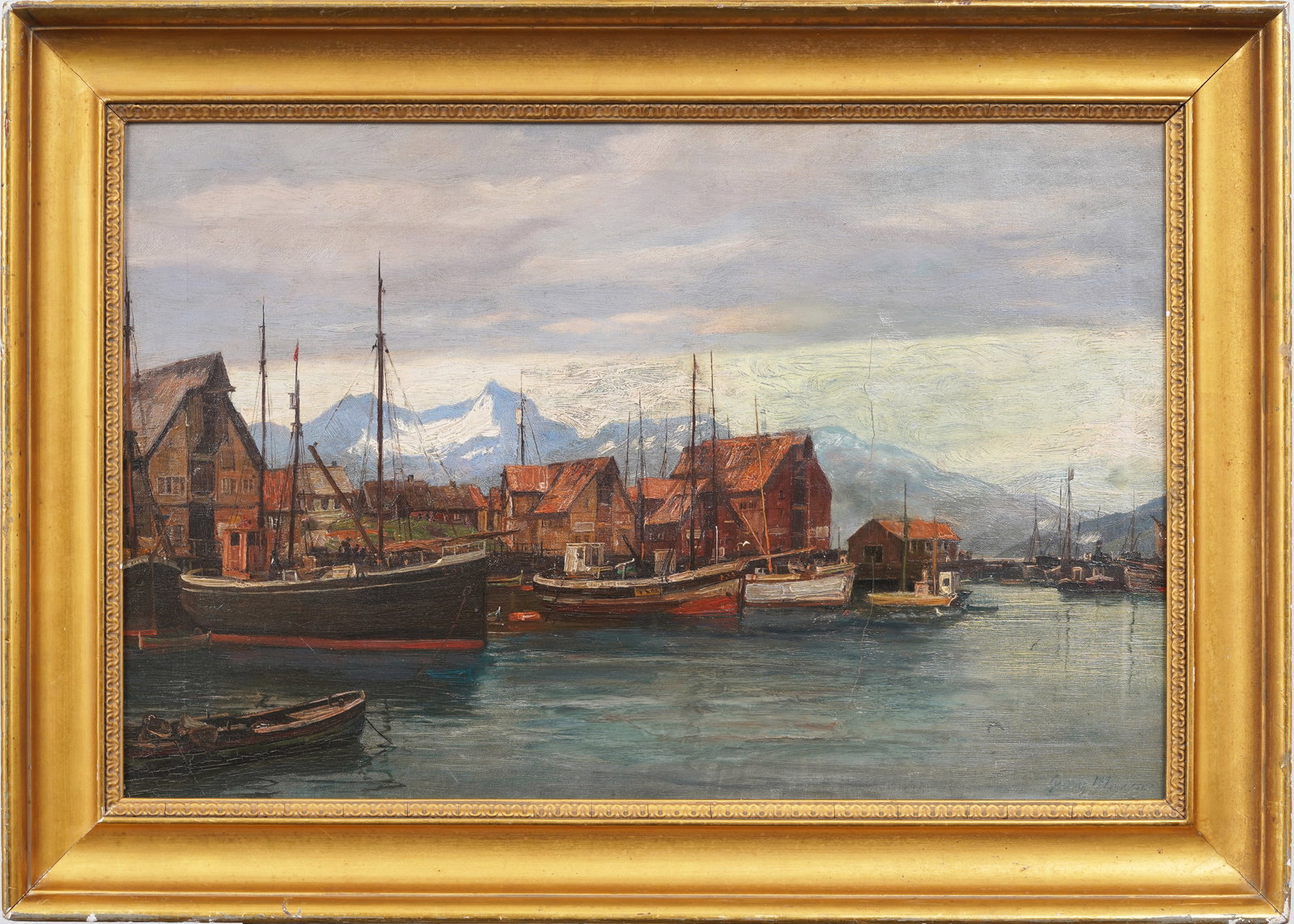 Vintage Signed Fishing Port City Framed Seascape Original Oil Painting: Vintage seascape oil painting. Measuring: 22 by 31 inches overall, and 17 by 26 artwork alone. Please see all images for condition. Size is measured and written on the back of the painting or next to 