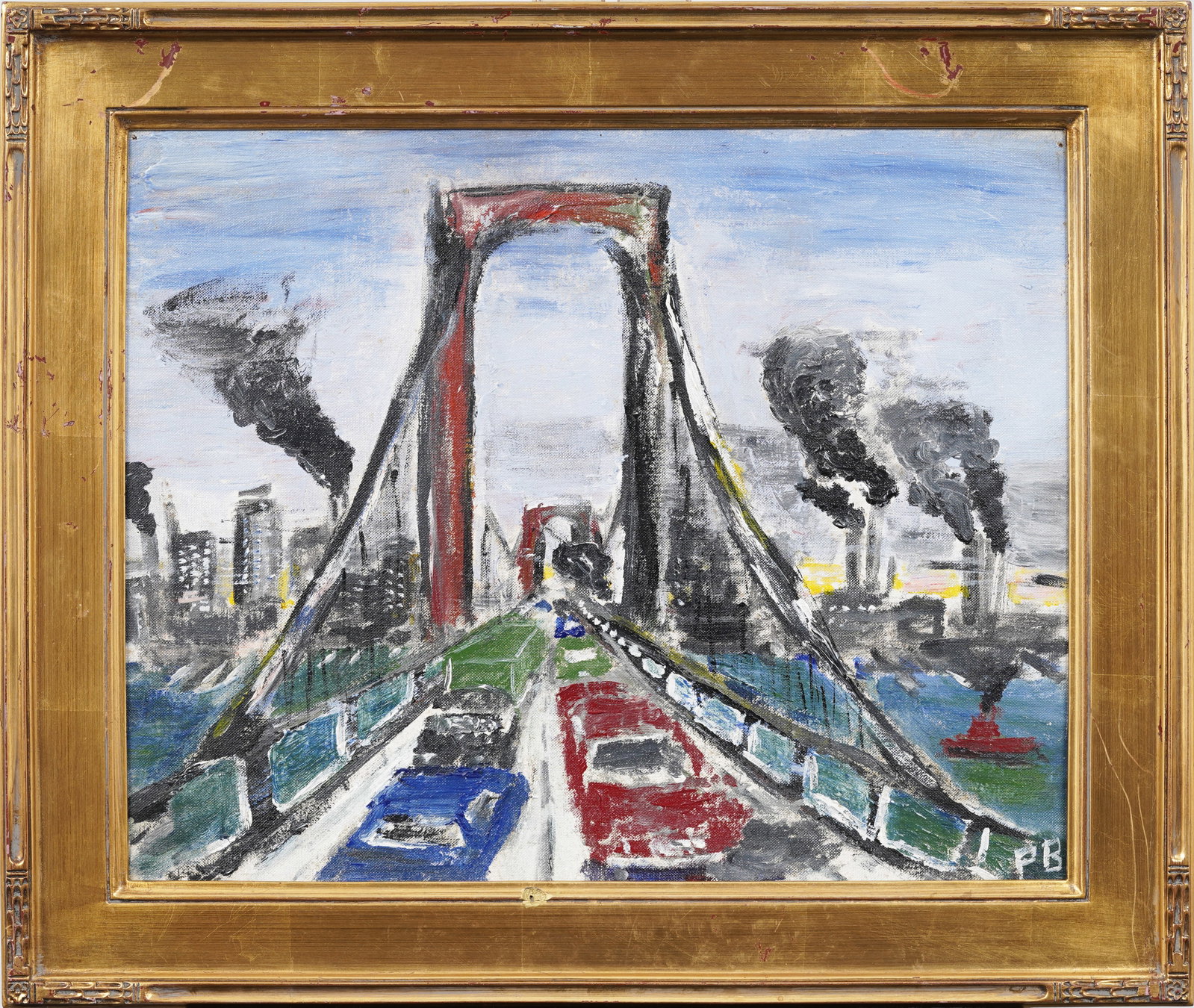 Vintage American Modernist Framed Cityscape Monogrammed Original Oil Painting: Vintage modernist cityscape oil painting. Measuring: 21 by 25 inches overall, and 15 by 20 artwork alone.? Please see all images for condition. Size is measured and written on the back of the painting