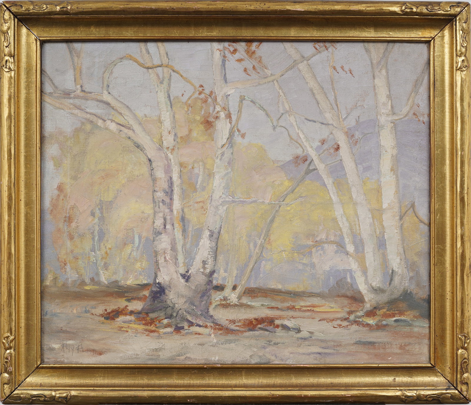 Ray Platt Signed Antique American Impressionist California Landscape Nicely Framed 1930 Oil Painting: Antique landscape oil painting. Measuring: 25 by 29 inches overall, and 20 by 24 artwork alone.? Please see all images for condition. Size is measured and written on the back of the painting or next t