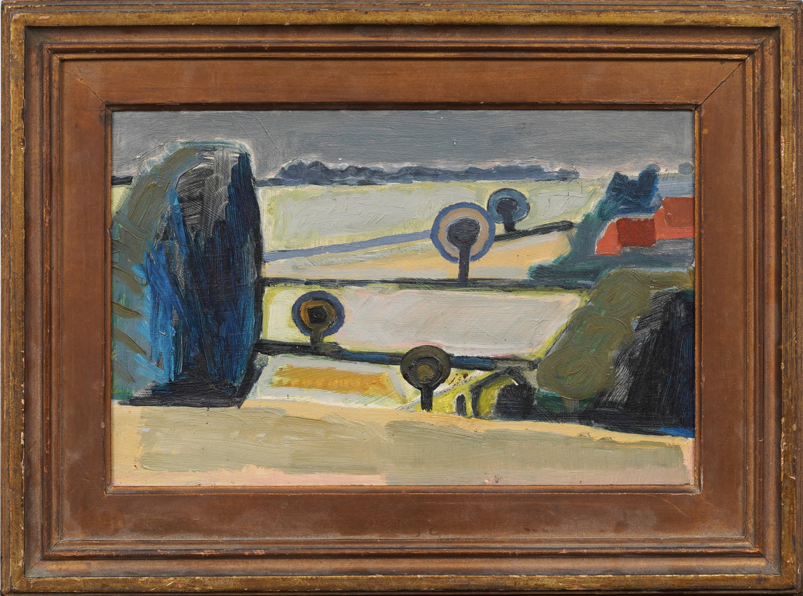 Vintage American Modernist Abstract Landscape Nicely Framed Original Oil Painting: Vintage modernist landscape oil painting. Measuring: 12 by 17 inches overall, and 8.25 by 13 artwork alone.? Please see all images for condition. Size is measured and written on the back of the painti