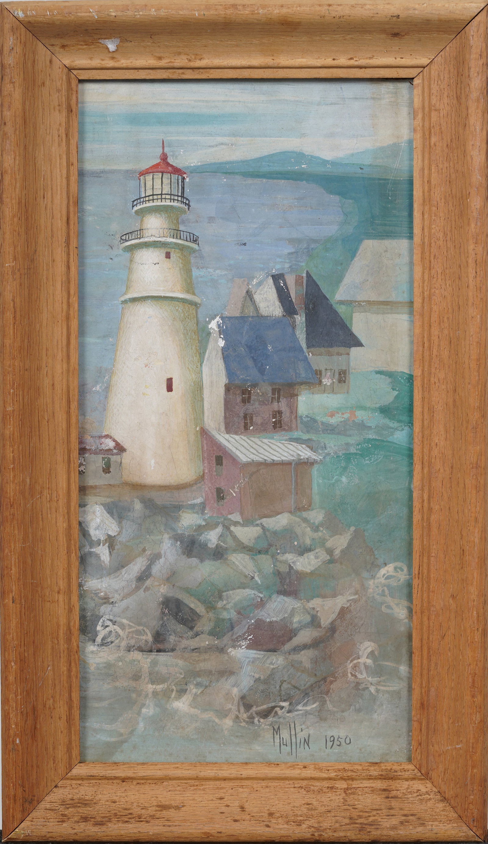 Signed Vintage American Modernist Coastal Lighthouse Framed Seascape Original Oil Painting: Vintage American modernist coastal seascape oil painting. Measuring: 10 by 17 inches overall, and 7 by 14 artwork alone. Please see all images for condition. Size is measured and written on the back o