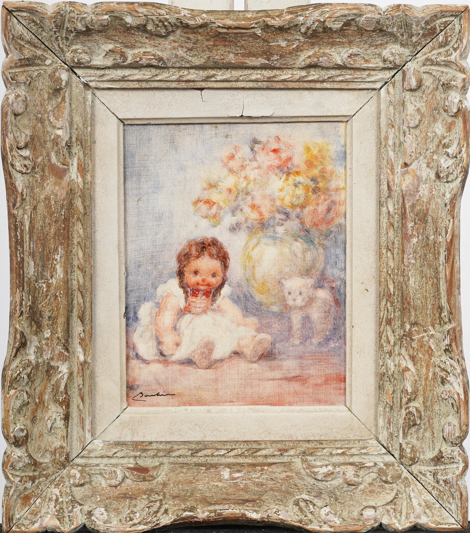 Vintage French Impressionist Baby Doll Framed and Signed Original Oil Painting: Vintage French impressionist interior still life painting. Measuring: 11 by 12 inches overall, and 5.75 by 7 artwork alone. Please see all images for condition. Size is measured and written on the bac