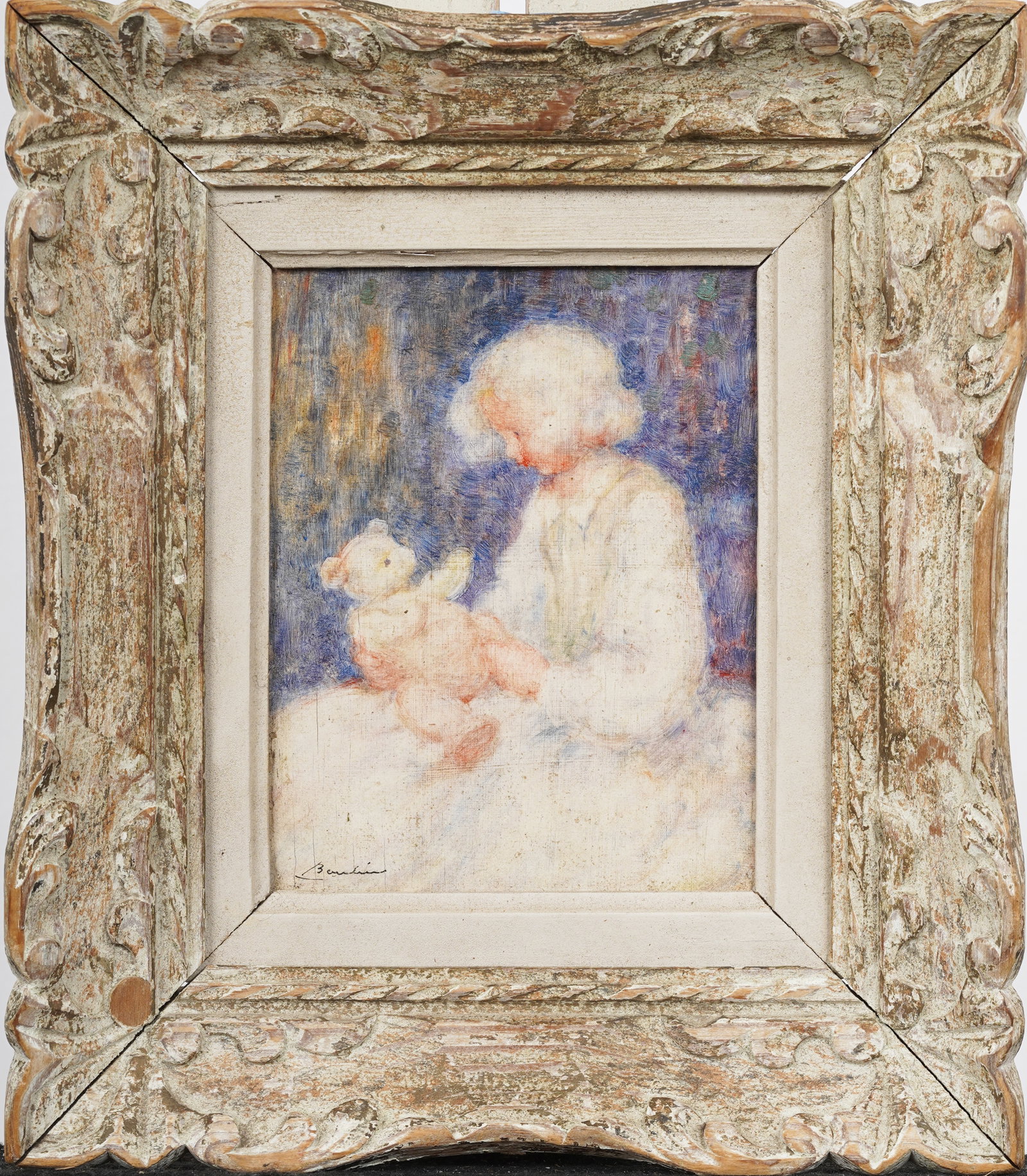 Vintage French Impressionist Young Girl and Baby Doll Framed and Signed Original Oil Painting: Vintage impressionist portrait oil painting. Oil on board. Signed. Measuring: 11 by 12 inches overall, and 5.75 by 7 artwork alone. Please see all images for condition. Size is measured and written on