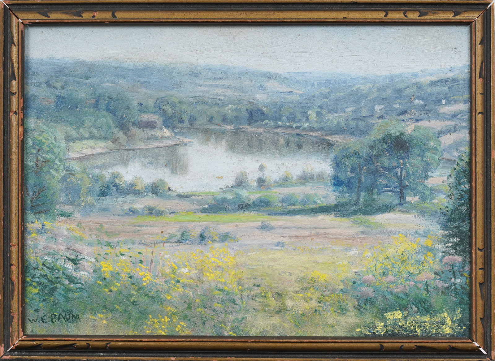 Walter Emerson Baum (1884-1956) Signed Vintage American Impressionist Original Oil Painting: Vintage American impressionist landscape oil painting by Walter Emerson Baum (1884-1956). Measuring: 11 by 15 inches overall, and 9.75 by 13.75 artwork alone. Please see all images for condition. Size
